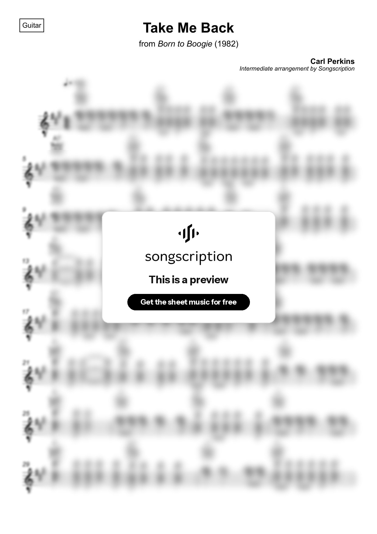 Intermediate Acoustic Guitar Sheet Music for "Take Me Back" by Carl Perkins