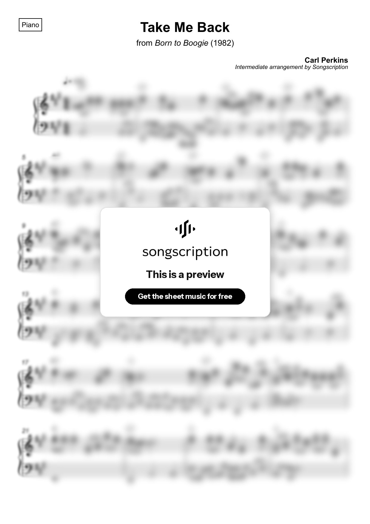 Intermediate Piano Sheet Music for "Take Me Back" by Carl Perkins
