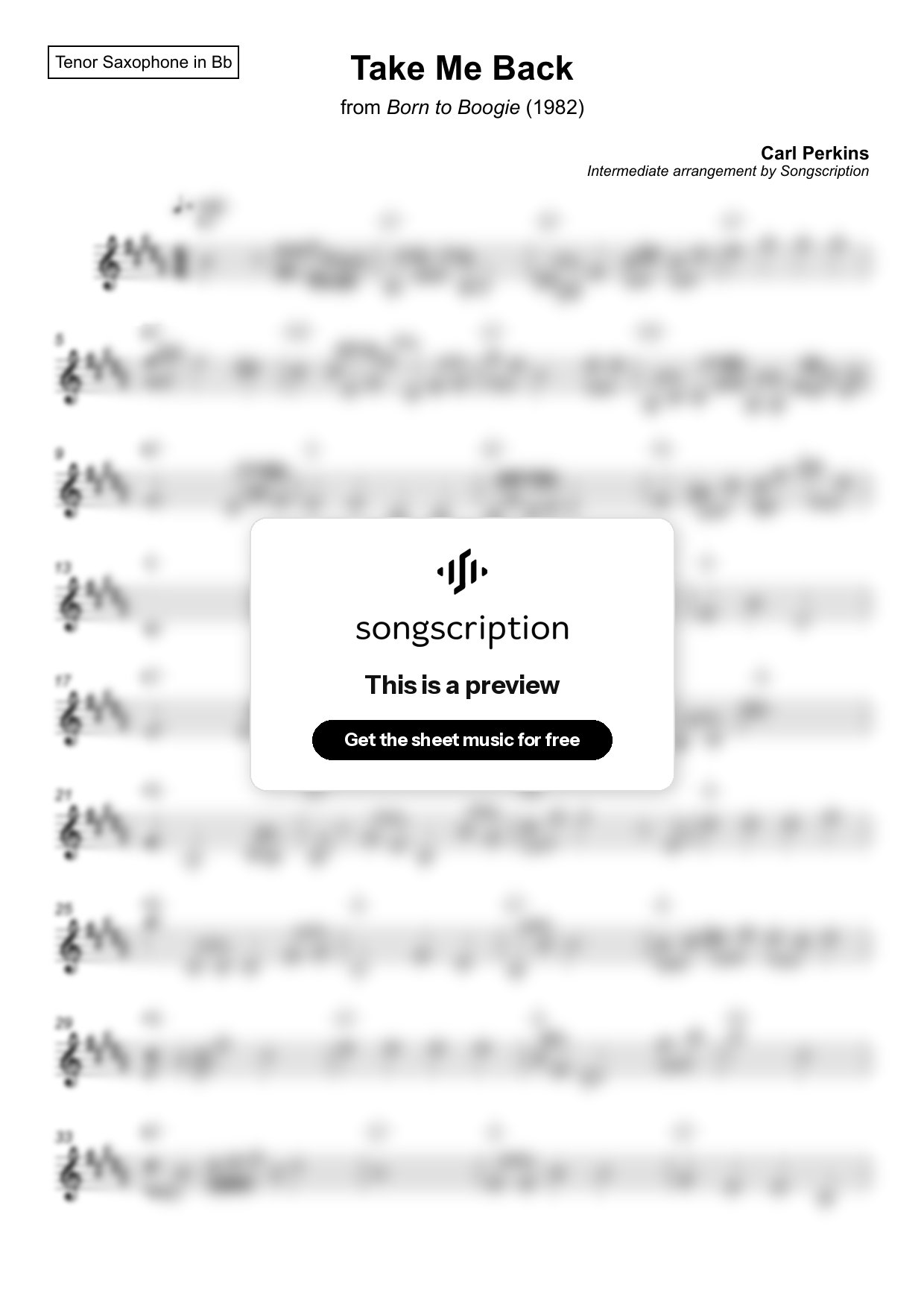 Intermediate Tenor Sax Sheet Music for "Take Me Back" by Carl Perkins