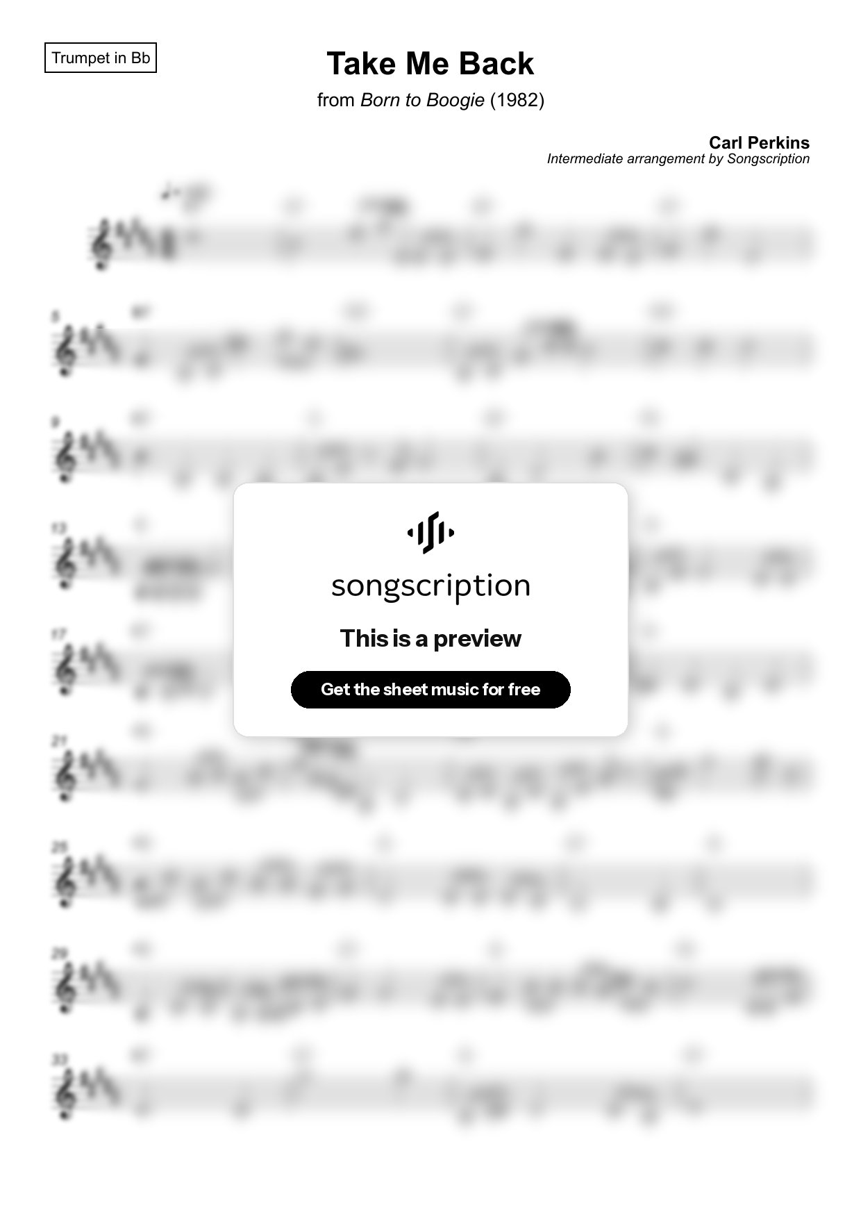 Intermediate Trumpet Sheet Music for "Take Me Back" by Carl Perkins