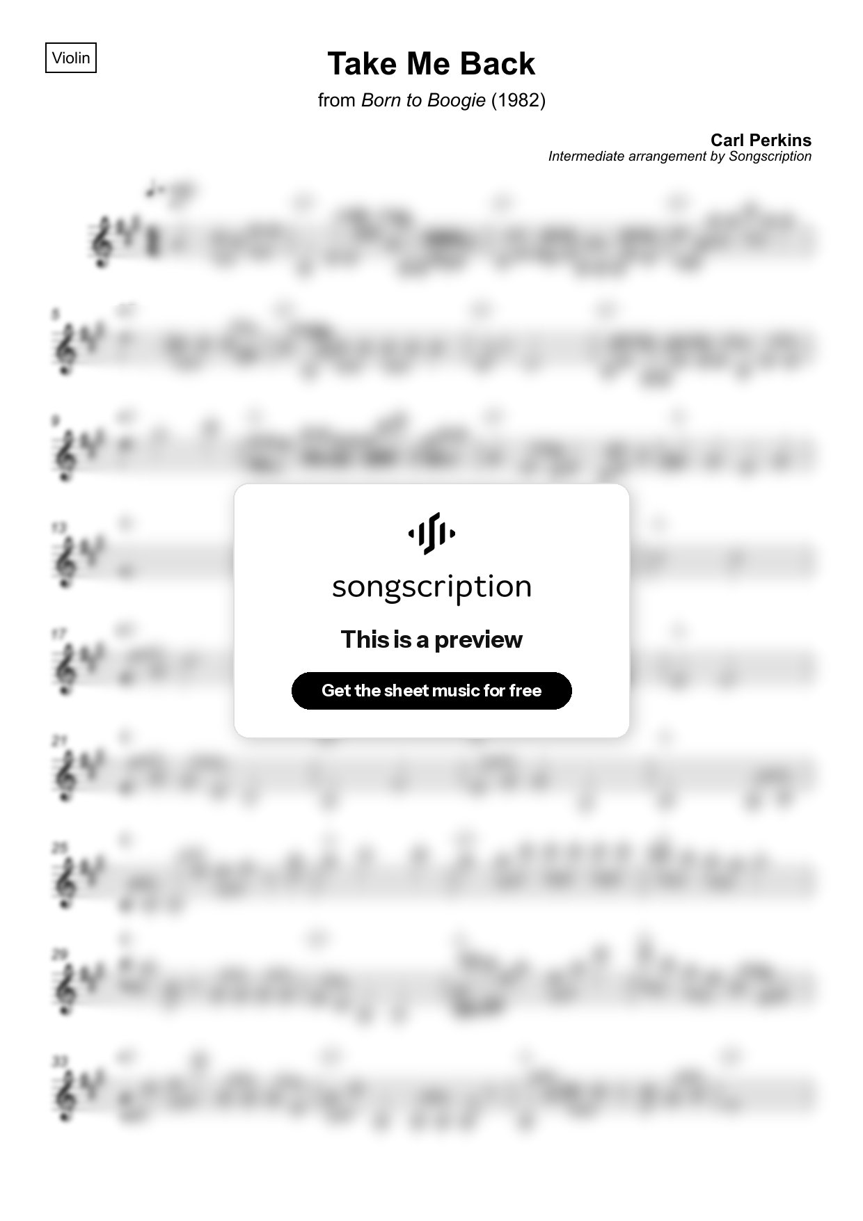 Intermediate Violin Sheet Music for "Take Me Back" by Carl Perkins