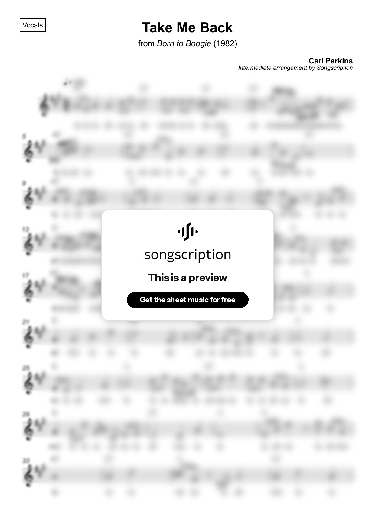 Intermediate Vocals Sheet Music for "Take Me Back" by Carl Perkins
