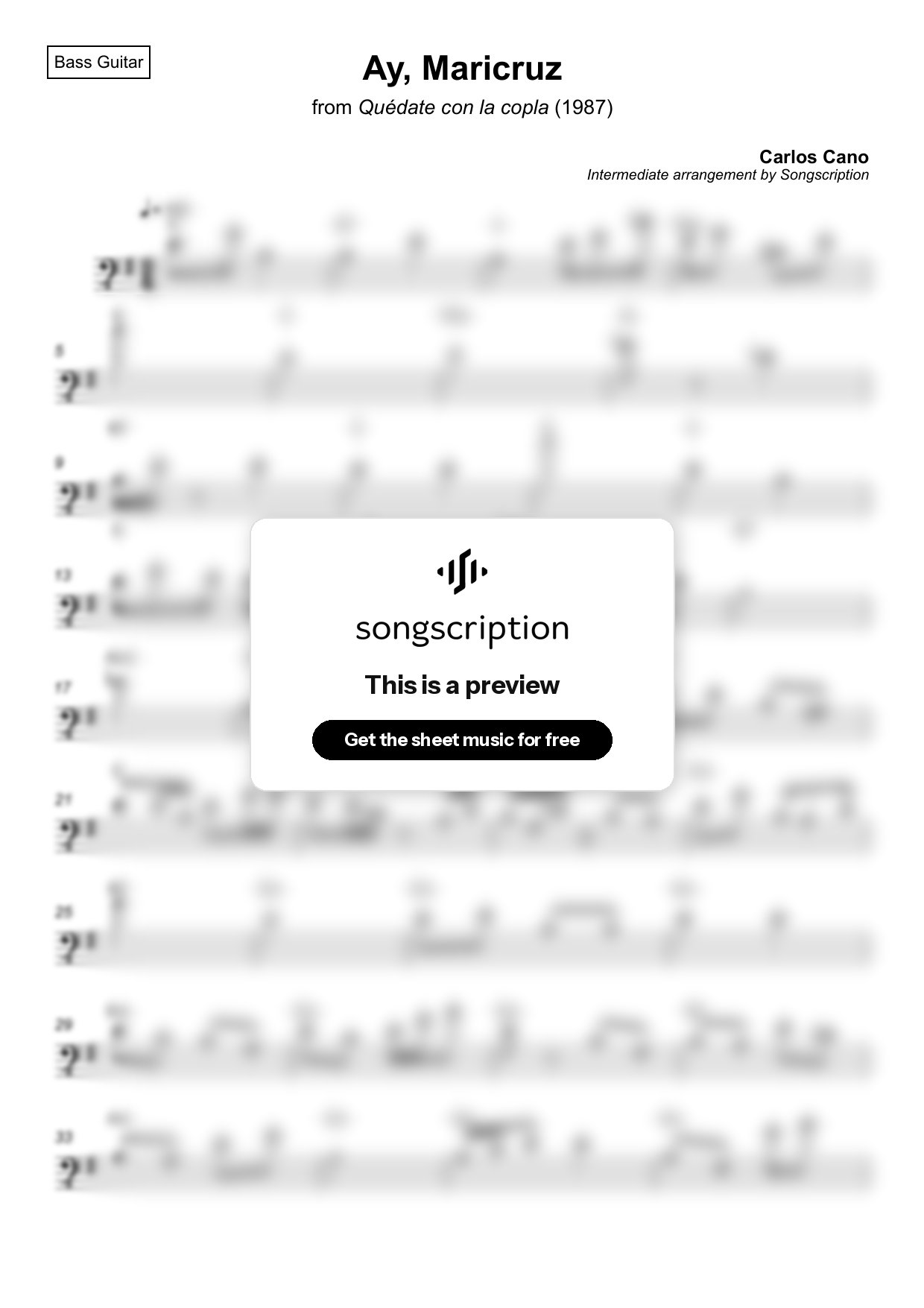 Intermediate Bass Guitar Sheet Music for "Ay, Maricruz" by Carlos Cano