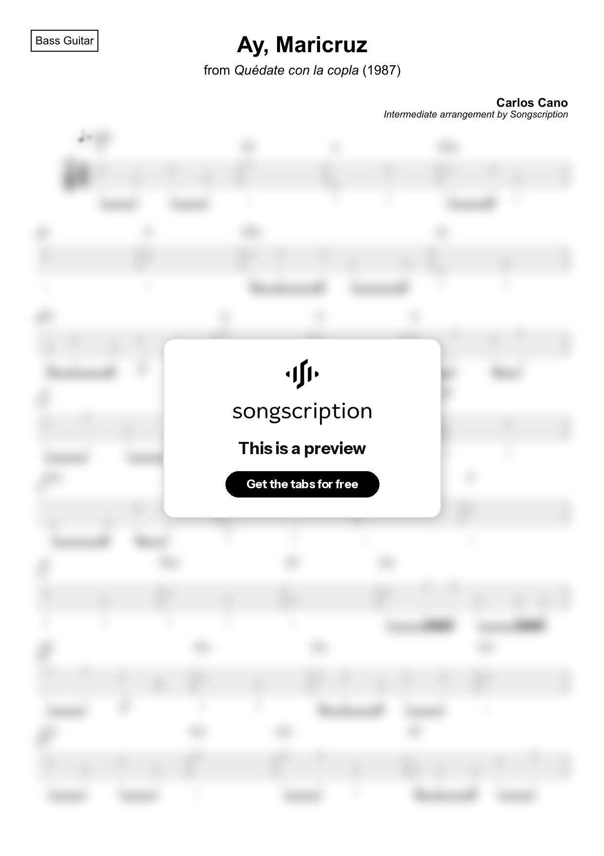 Intermediate Bass Guitar Tabs for "Ay, Maricruz" by Carlos Cano