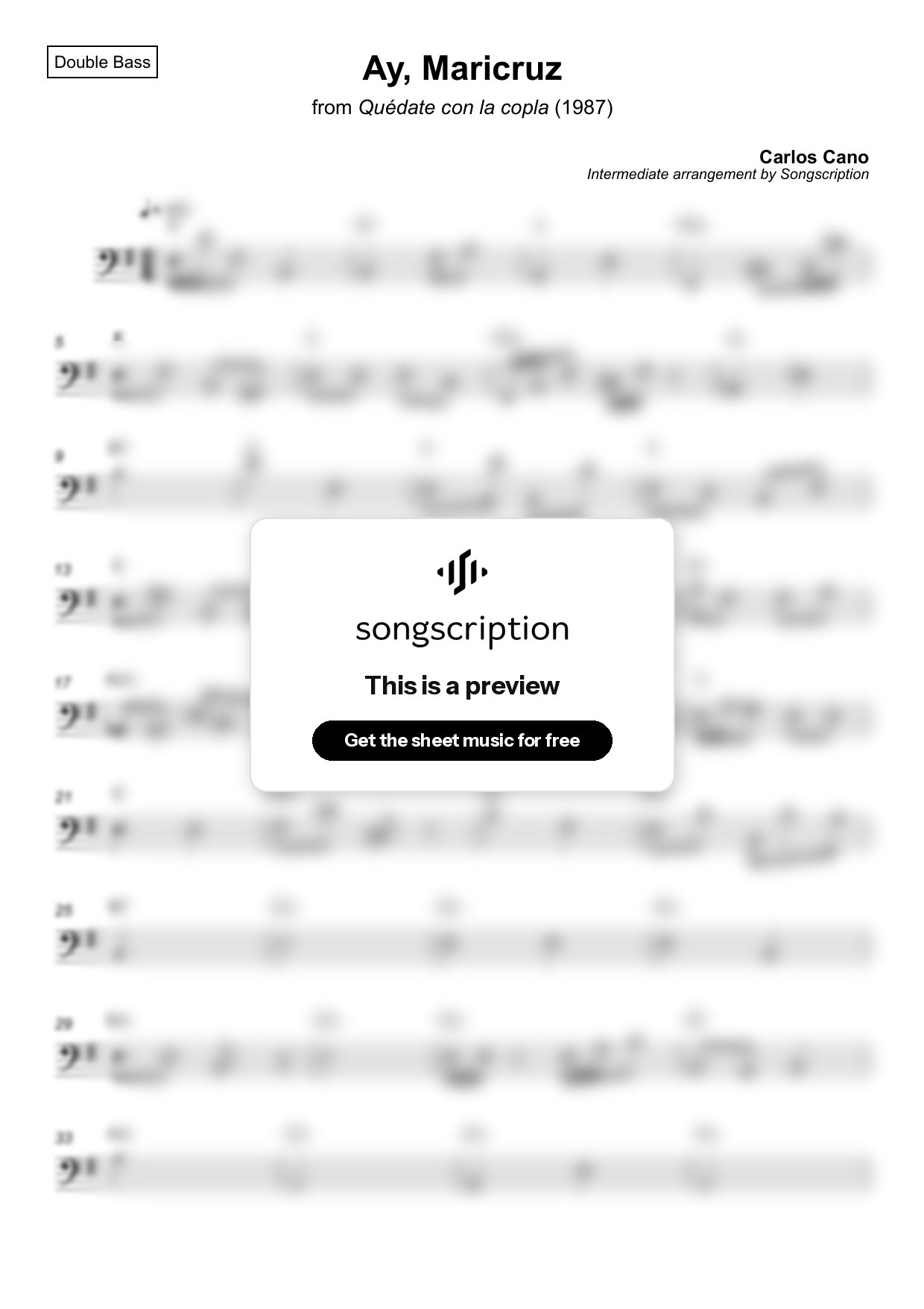 Intermediate Double Bass Sheet Music for "Ay, Maricruz" by Carlos Cano