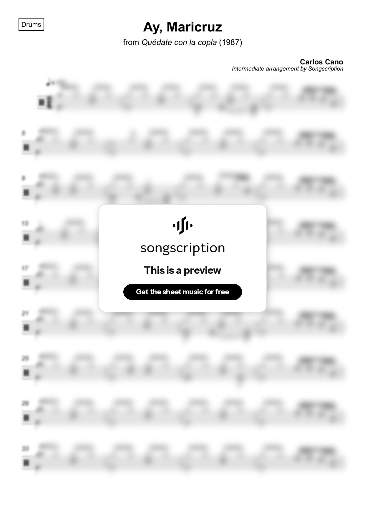 Intermediate Drums Sheet Music for "Ay, Maricruz" by Carlos Cano
