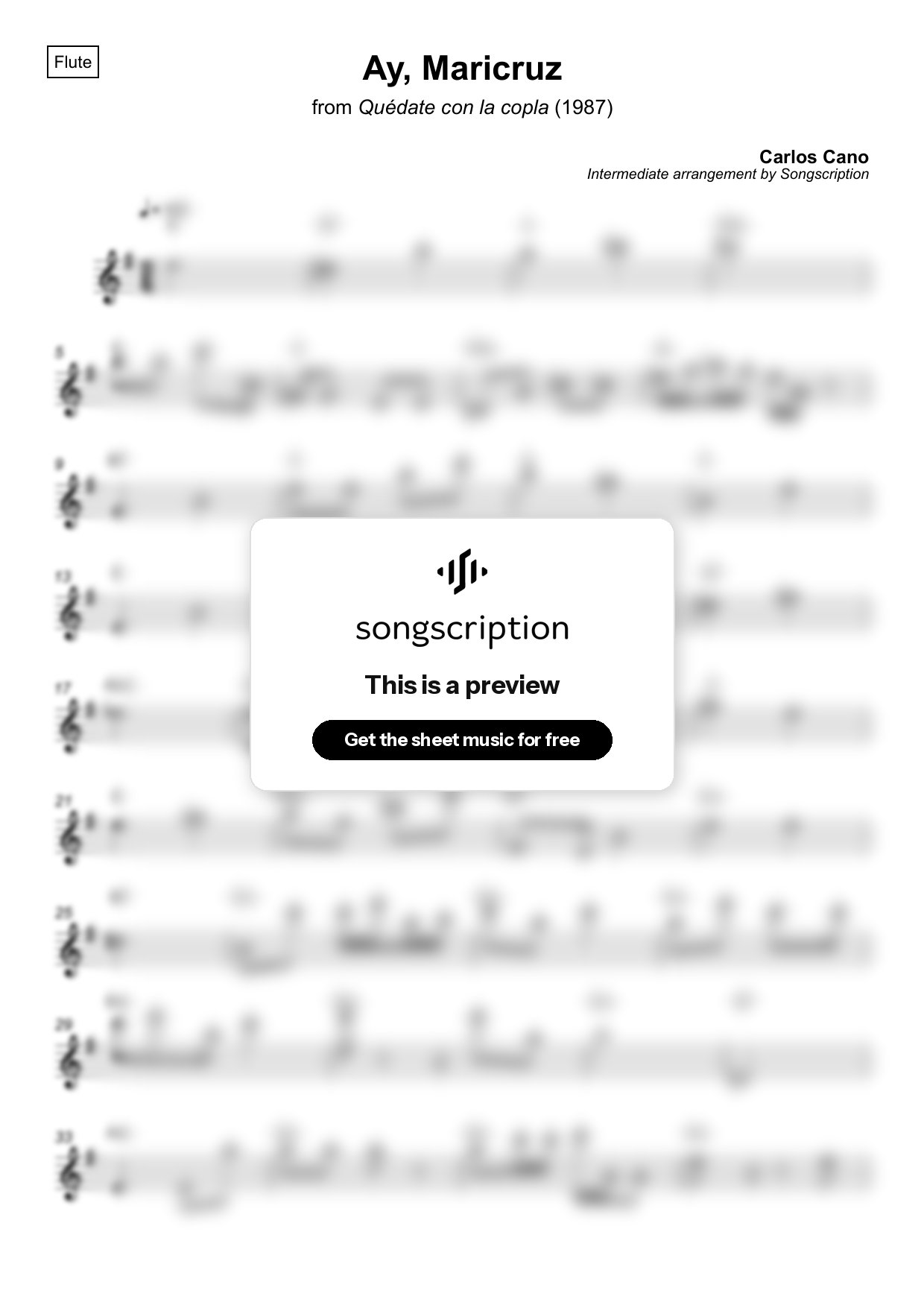 Intermediate Flute Sheet Music for "Ay, Maricruz" by Carlos Cano