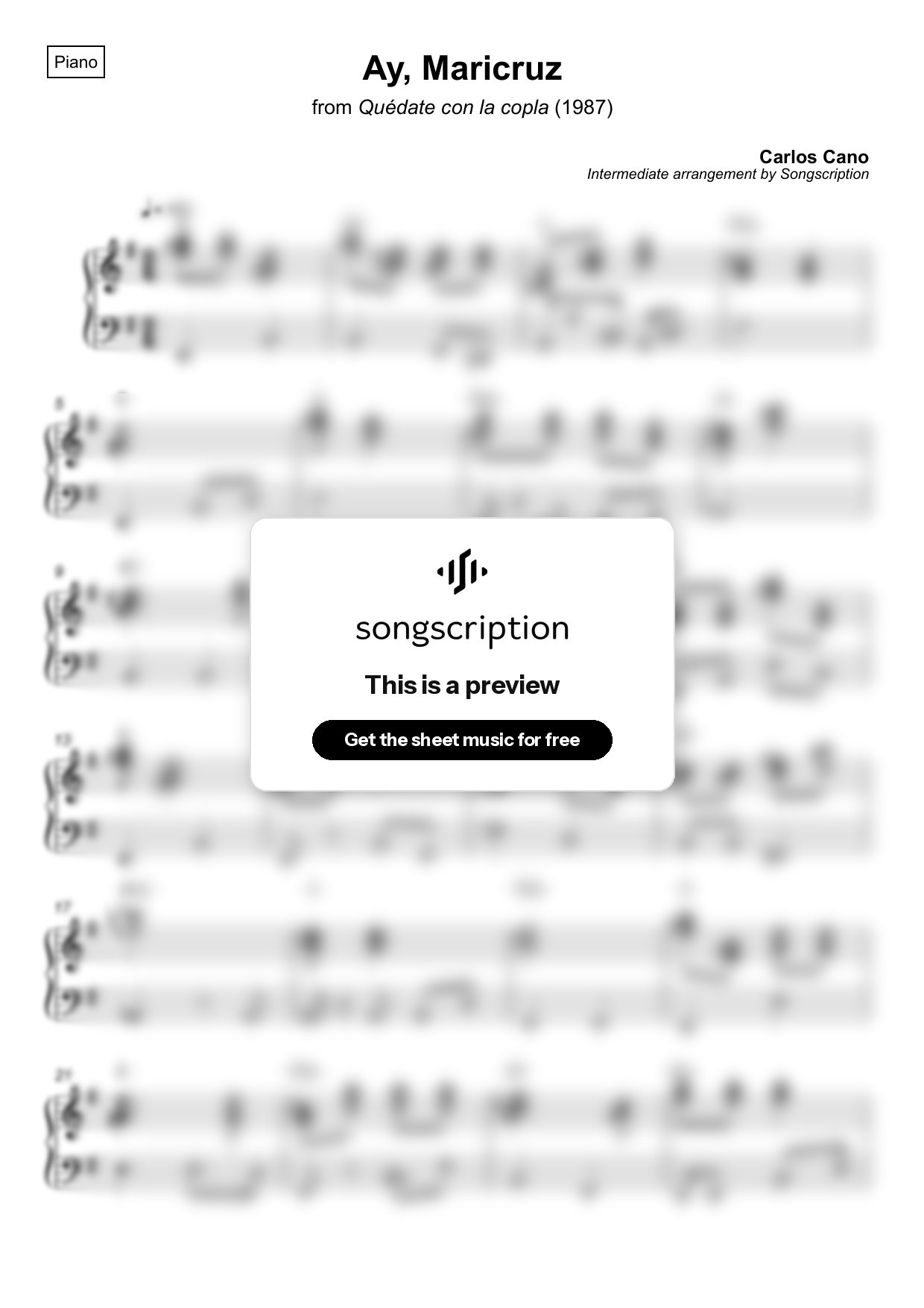 Intermediate Piano Sheet Music for "Ay, Maricruz" by Carlos Cano