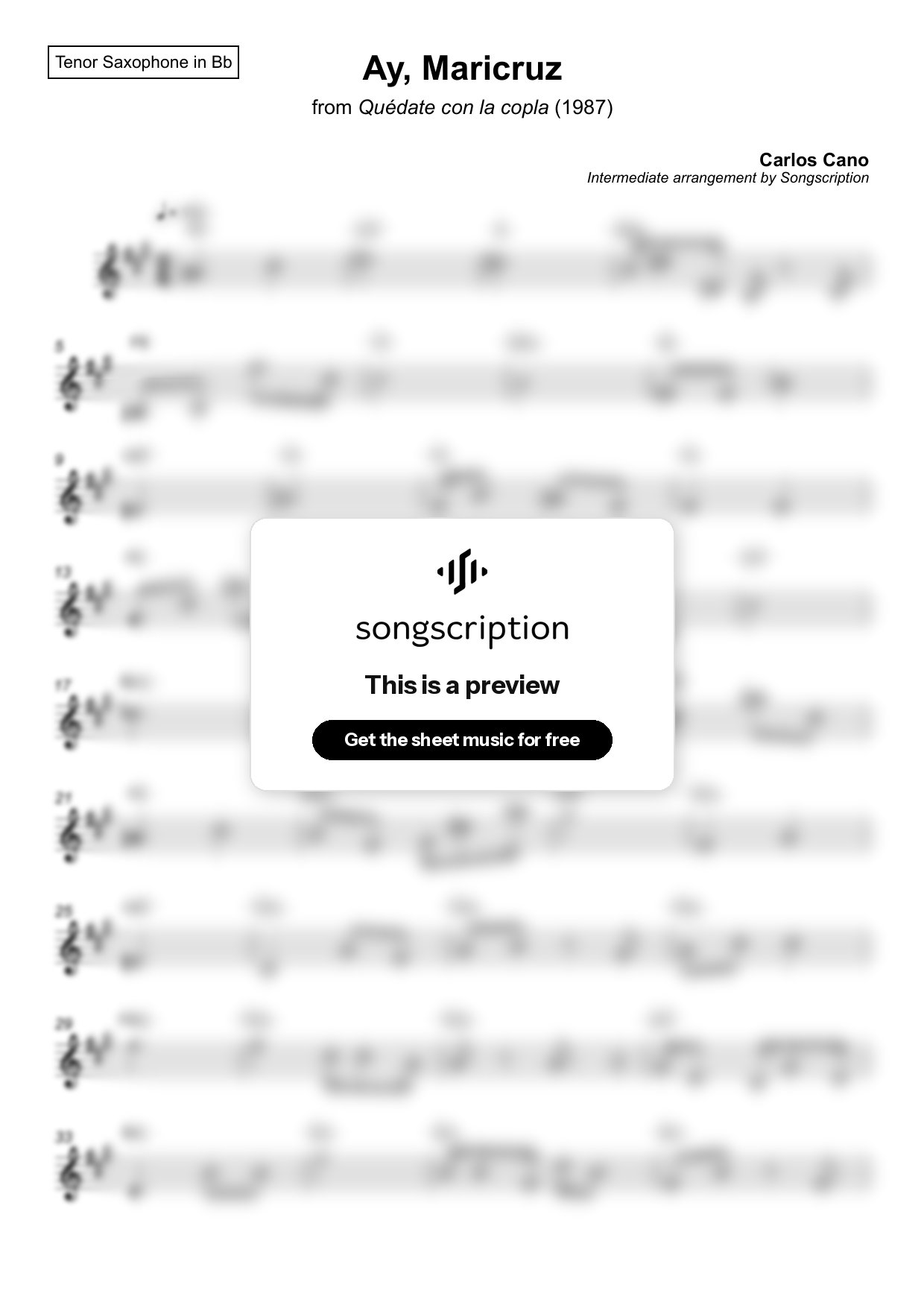 Intermediate Tenor Sax Sheet Music for "Ay, Maricruz" by Carlos Cano