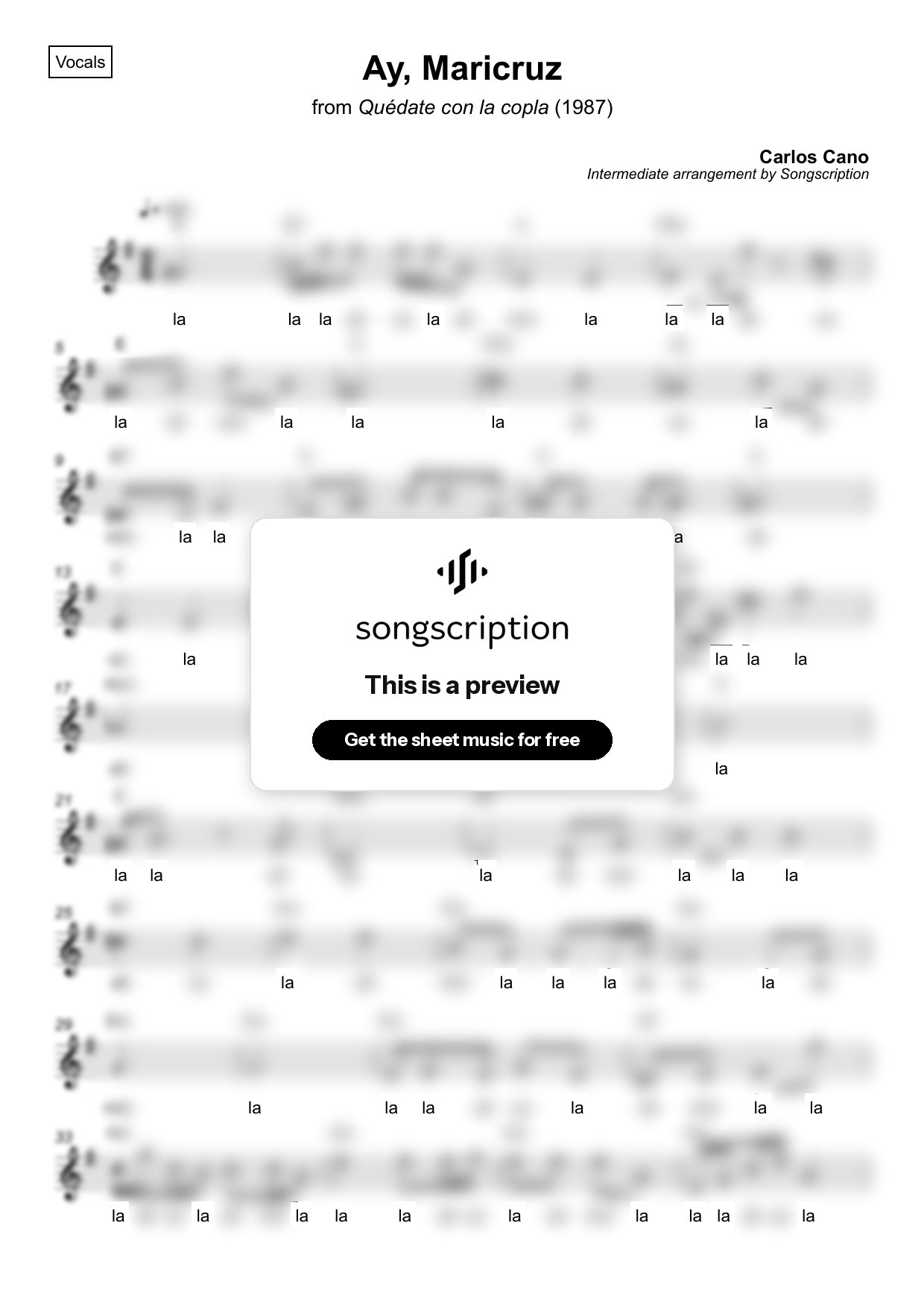 Intermediate Vocals Sheet Music for "Ay, Maricruz" by Carlos Cano