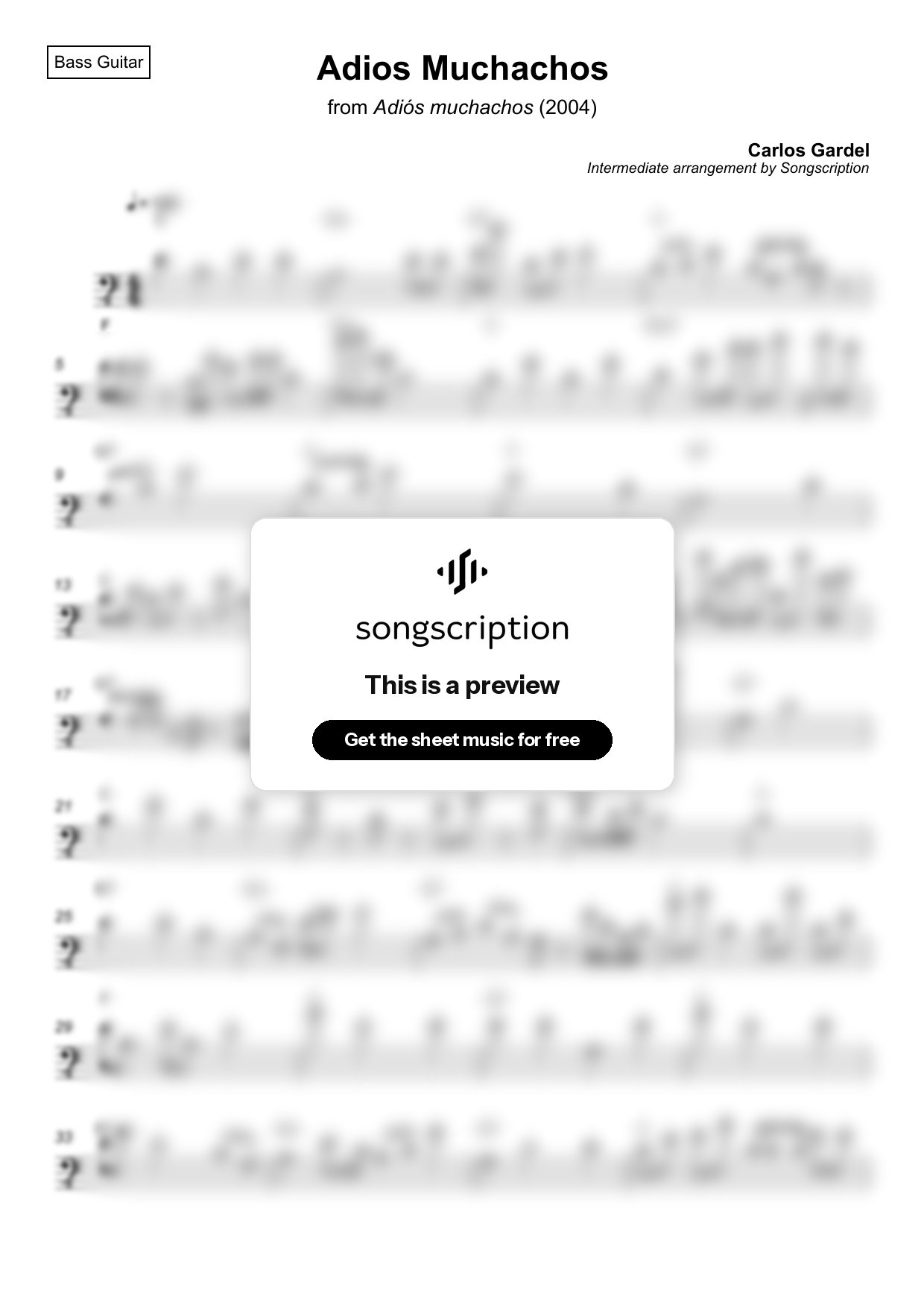 Intermediate Bass Guitar Sheet Music for "Adios Muchachos" by Carlos Gardel