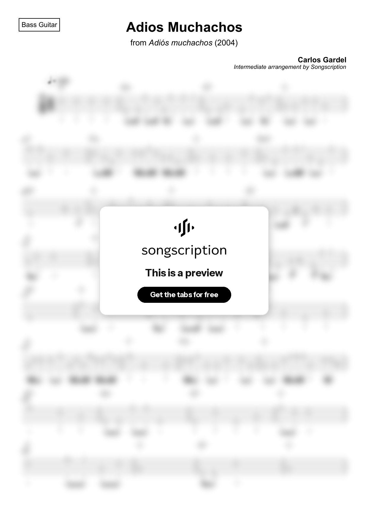 Intermediate Bass Guitar Tabs for "Adios Muchachos" by Carlos Gardel