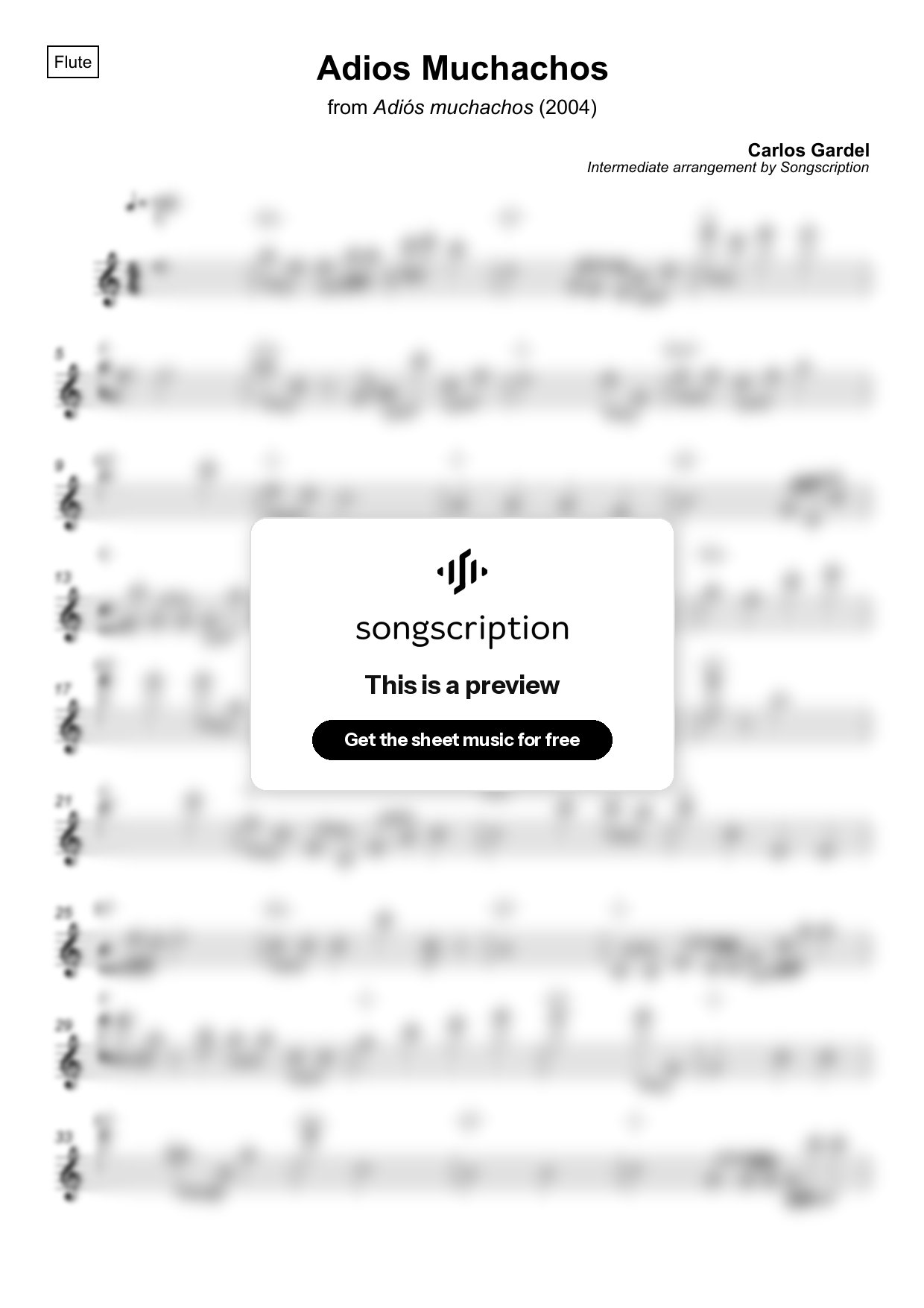 Intermediate Flute Sheet Music for "Adios Muchachos" by Carlos Gardel