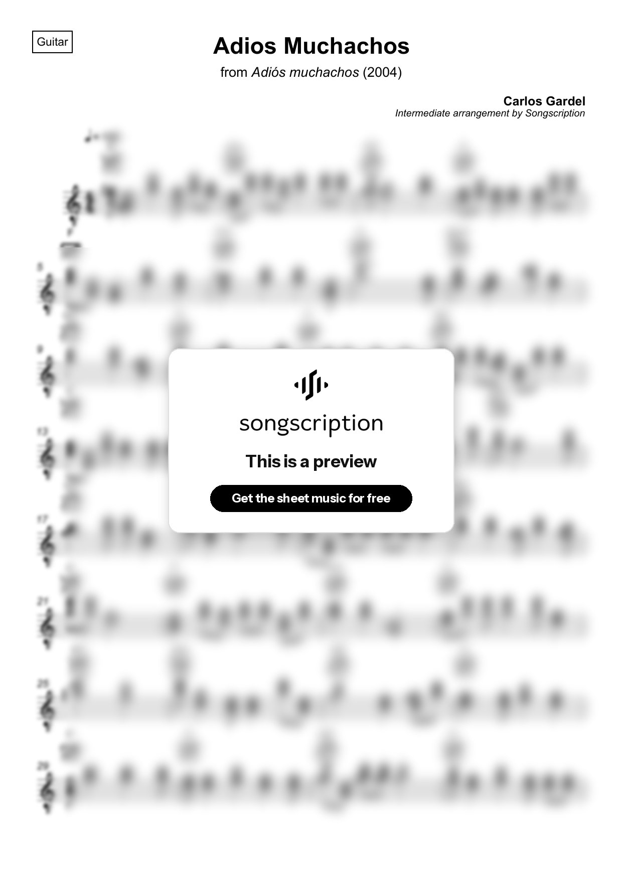Intermediate Acoustic Guitar Sheet Music for "Adios Muchachos" by Carlos Gardel
