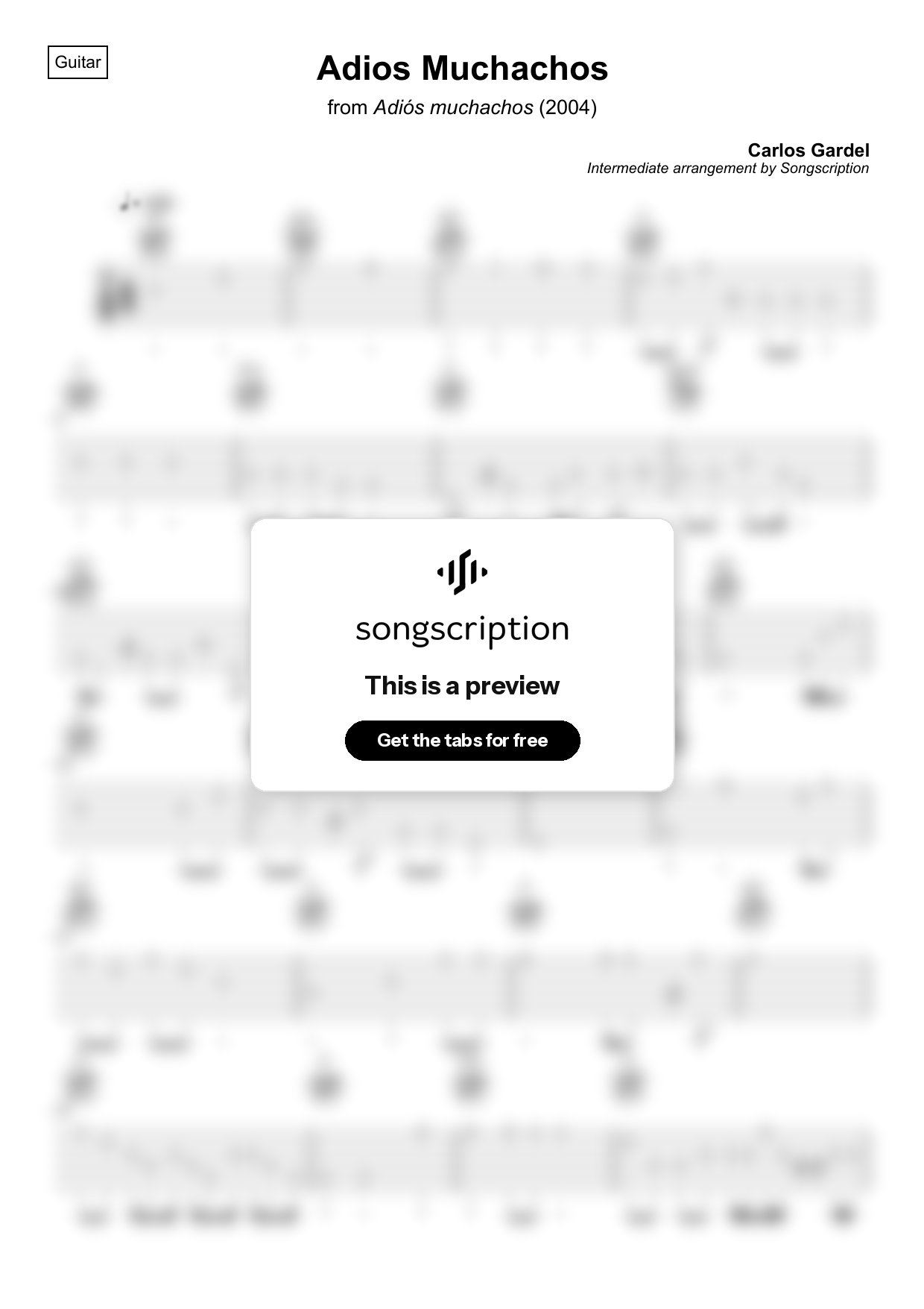 Intermediate Acoustic Guitar Tabs for "Adios Muchachos" by Carlos Gardel