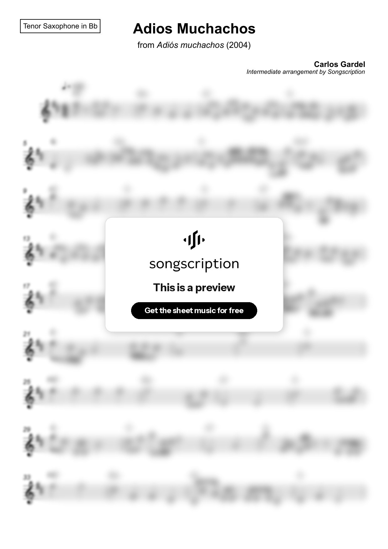 Intermediate Tenor Sax Sheet Music for "Adios Muchachos" by Carlos Gardel