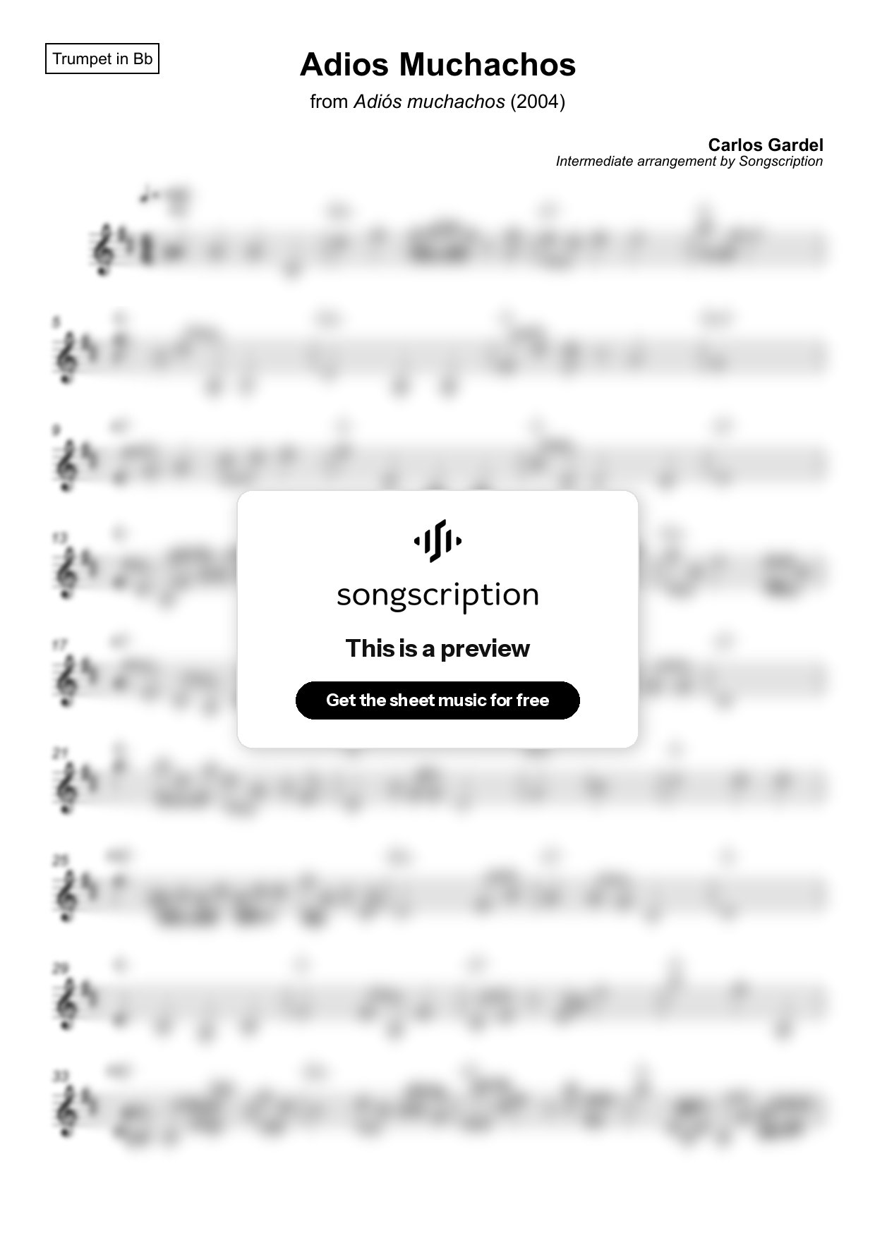 Intermediate Trumpet Sheet Music for "Adios Muchachos" by Carlos Gardel
