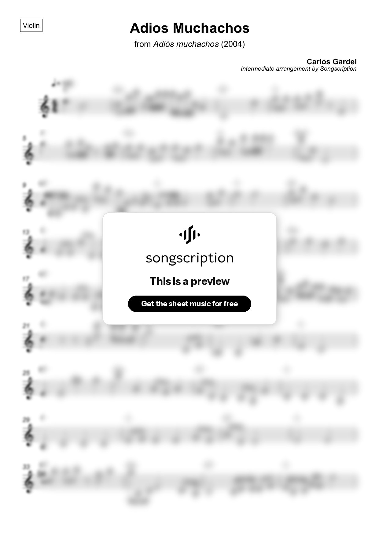 Intermediate Violin Sheet Music for "Adios Muchachos" by Carlos Gardel