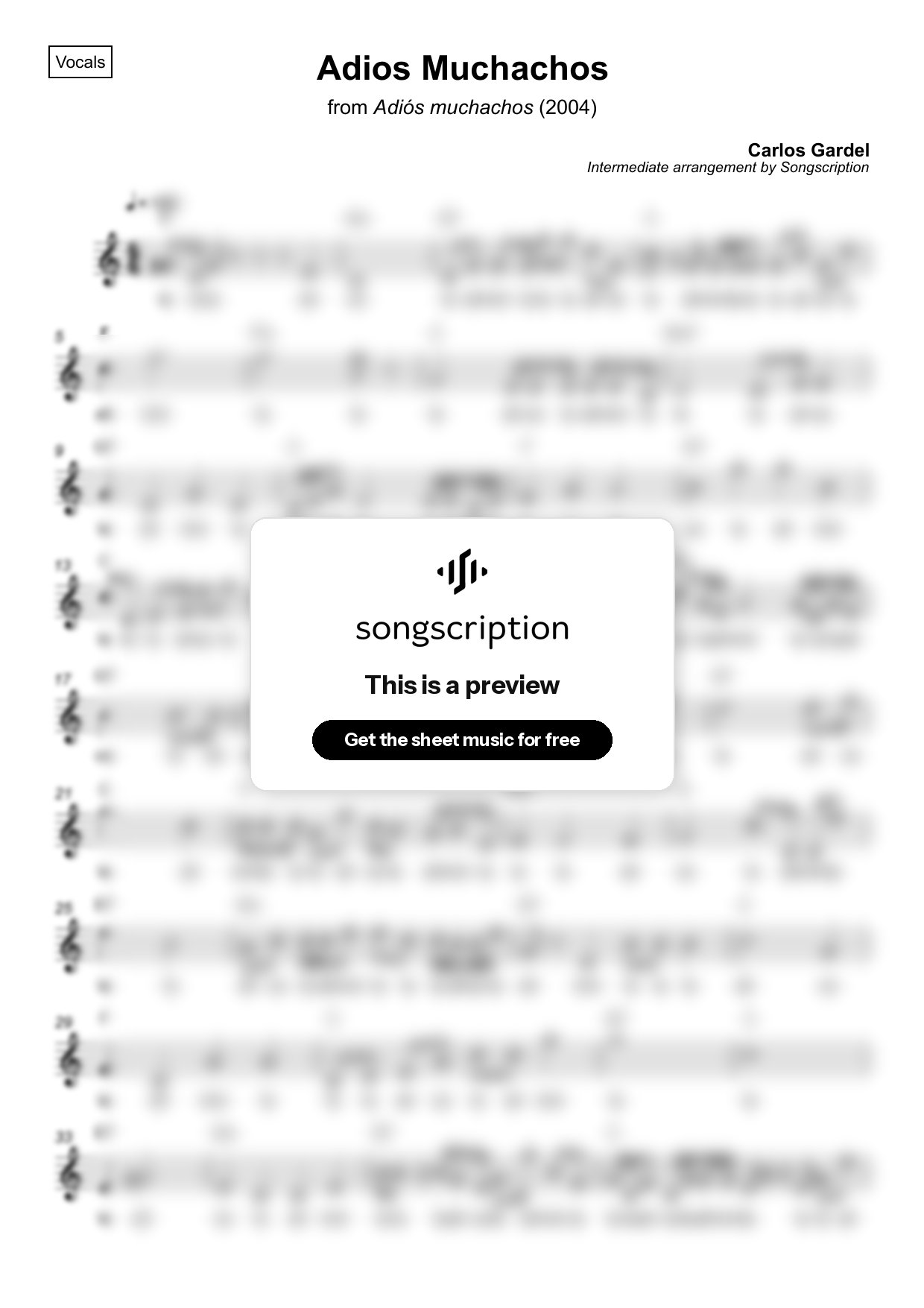 Intermediate Vocals Sheet Music for "Adios Muchachos" by Carlos Gardel