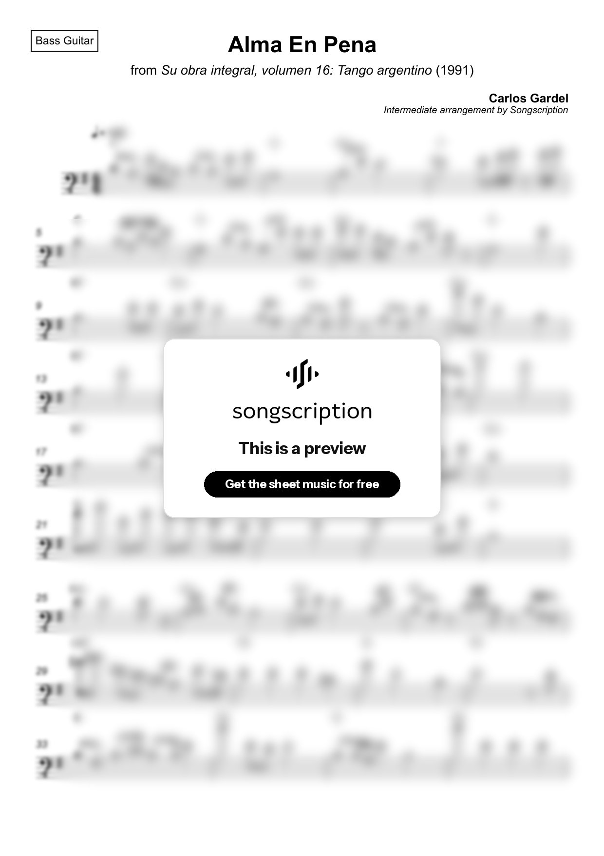 Intermediate Bass Guitar Sheet Music for "Alma En Pena" by Carlos Gardel