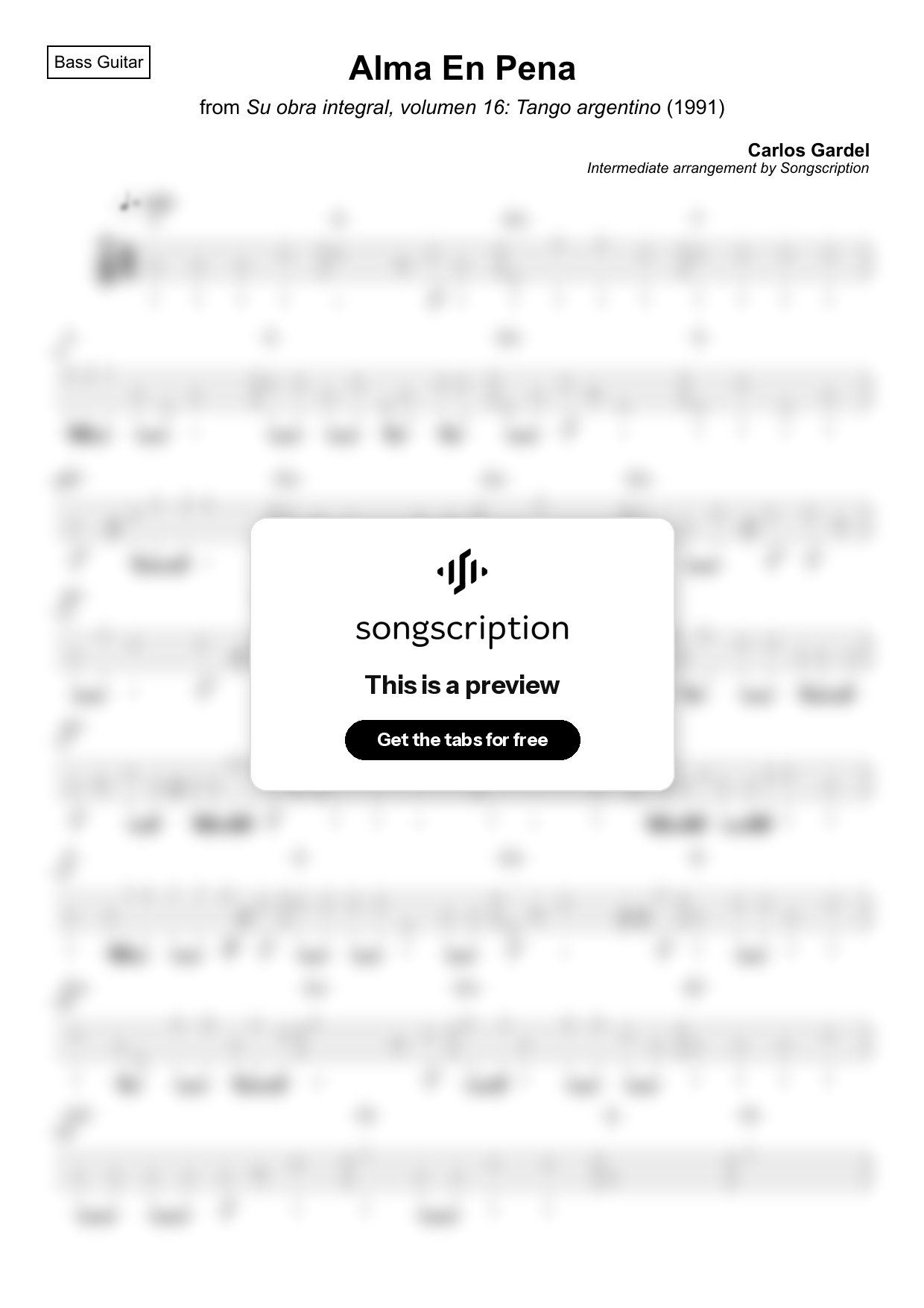 Intermediate Bass Guitar Tabs for "Alma En Pena" by Carlos Gardel