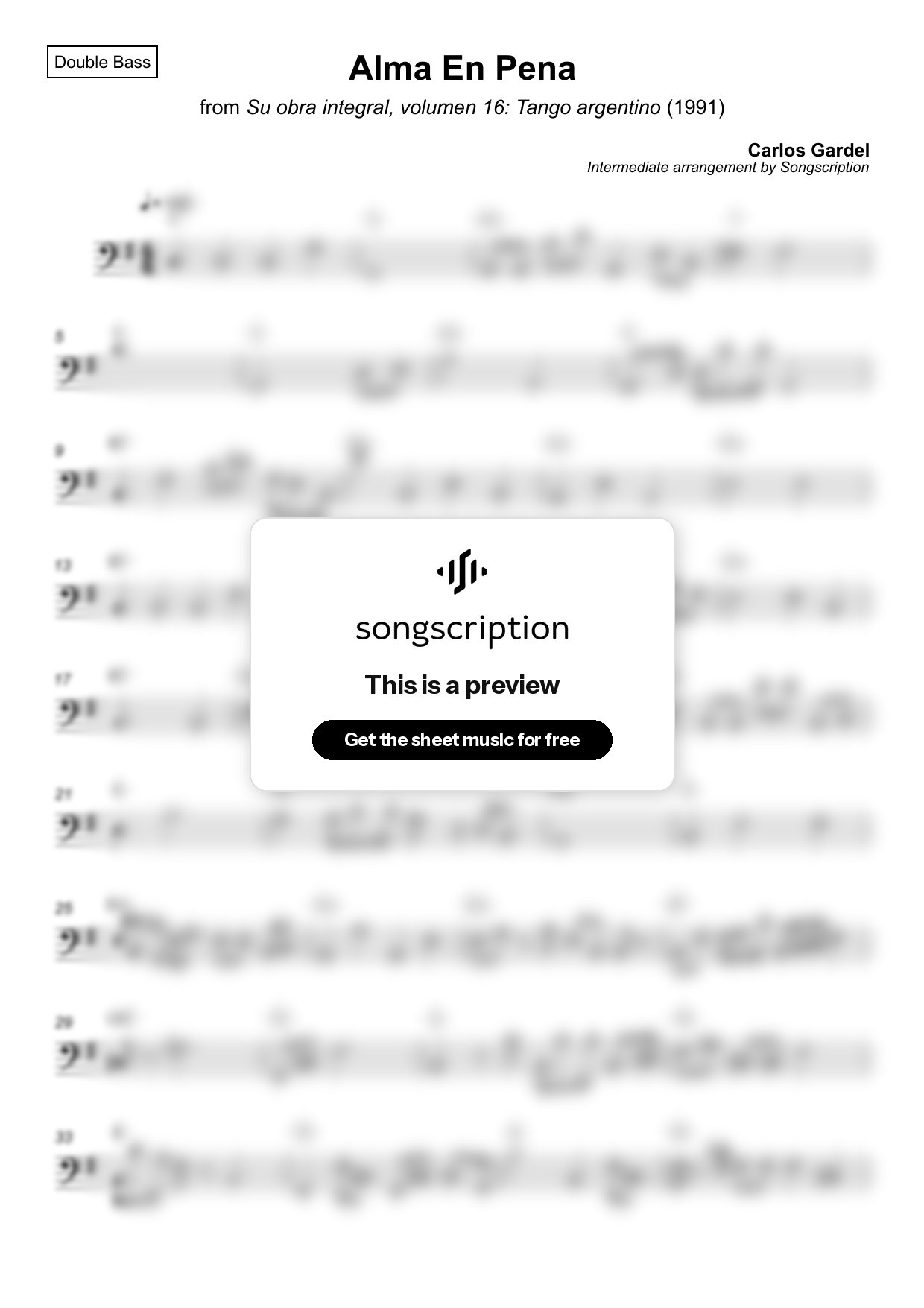 Intermediate Double Bass Sheet Music for "Alma En Pena" by Carlos Gardel