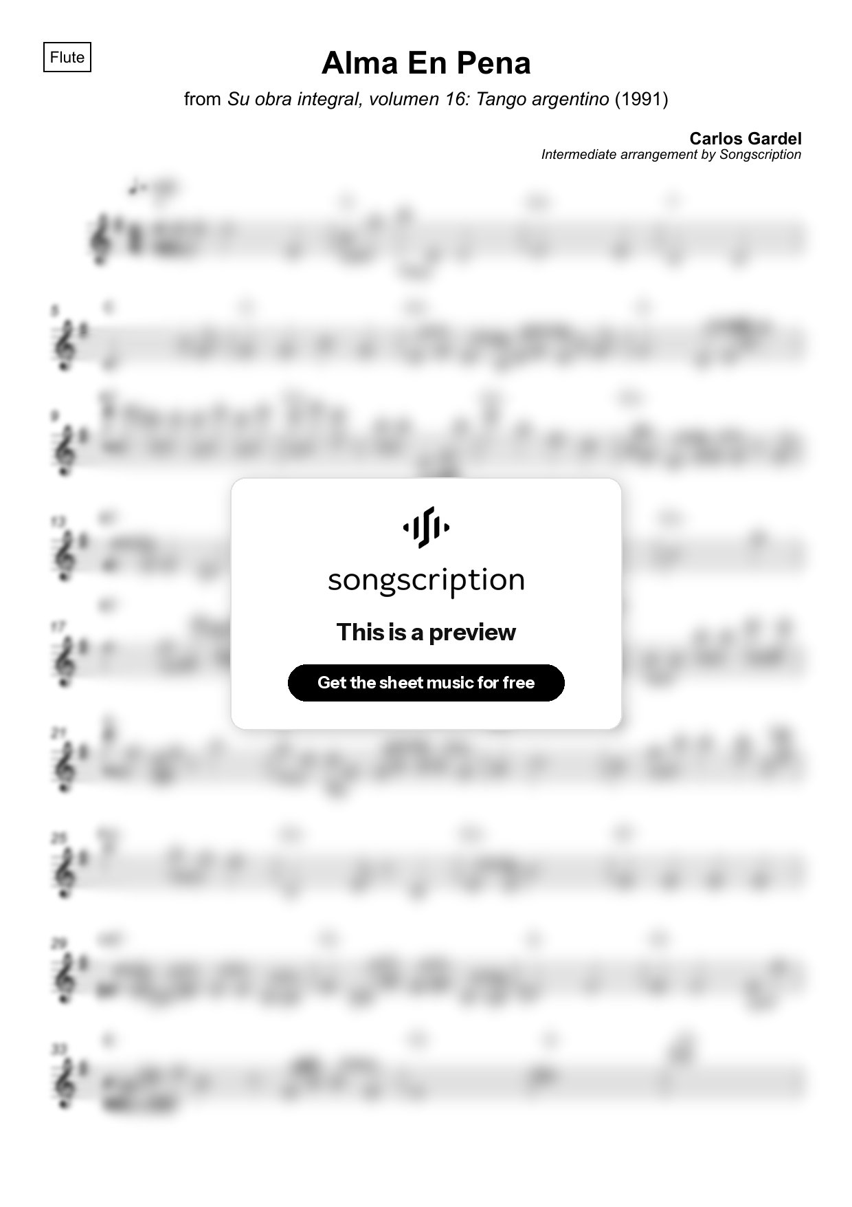 Intermediate Flute Sheet Music for "Alma En Pena" by Carlos Gardel