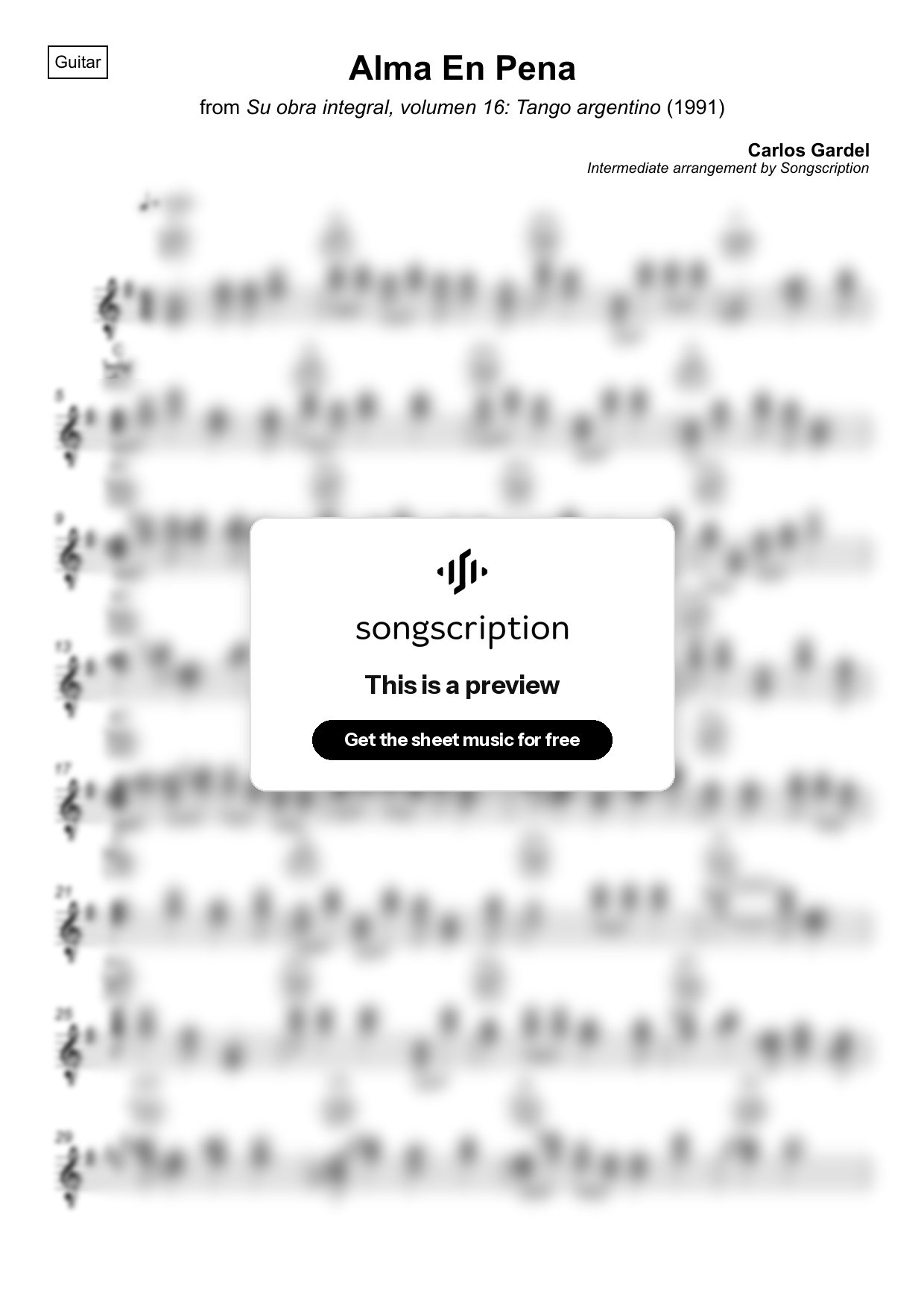 Intermediate Acoustic Guitar Sheet Music for "Alma En Pena" by Carlos Gardel