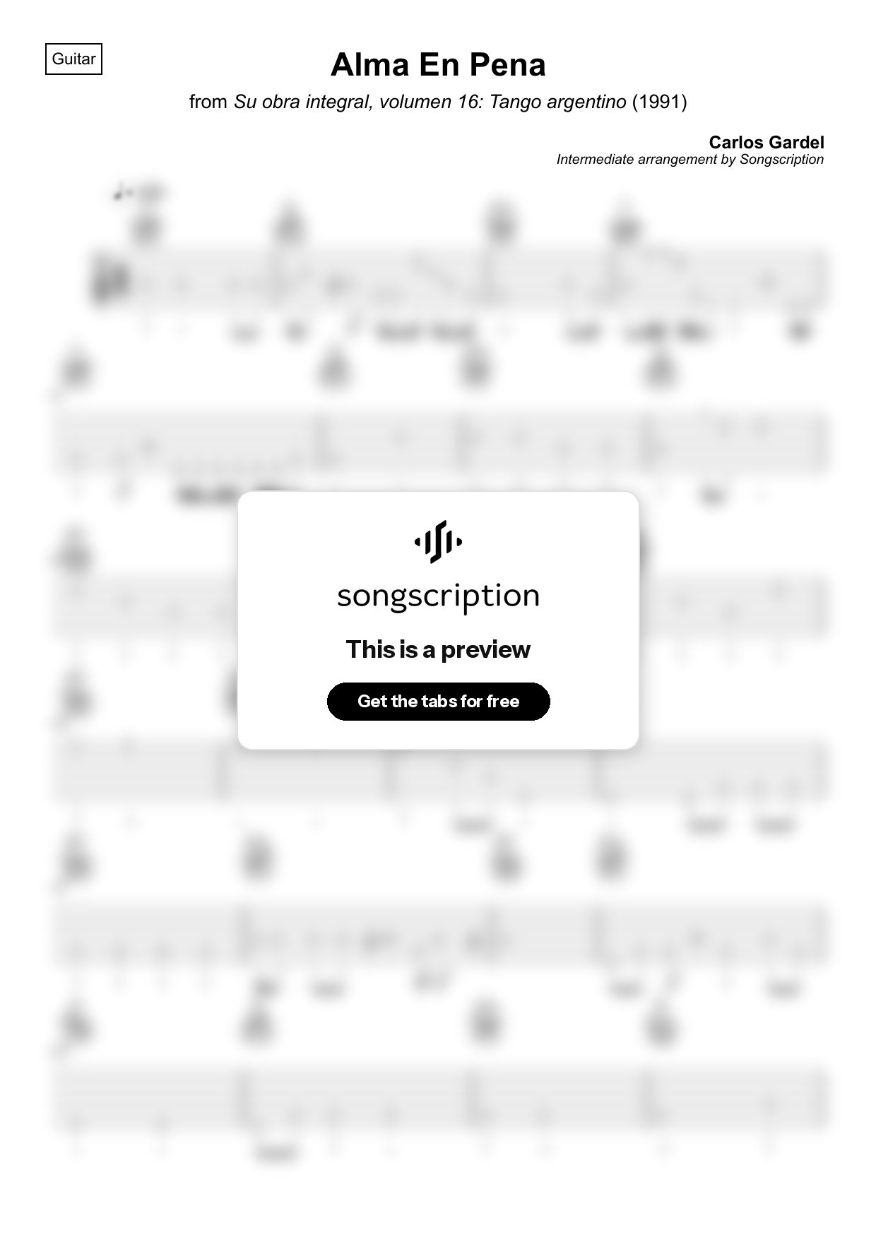 Intermediate Acoustic Guitar Tabs for "Alma En Pena" by Carlos Gardel