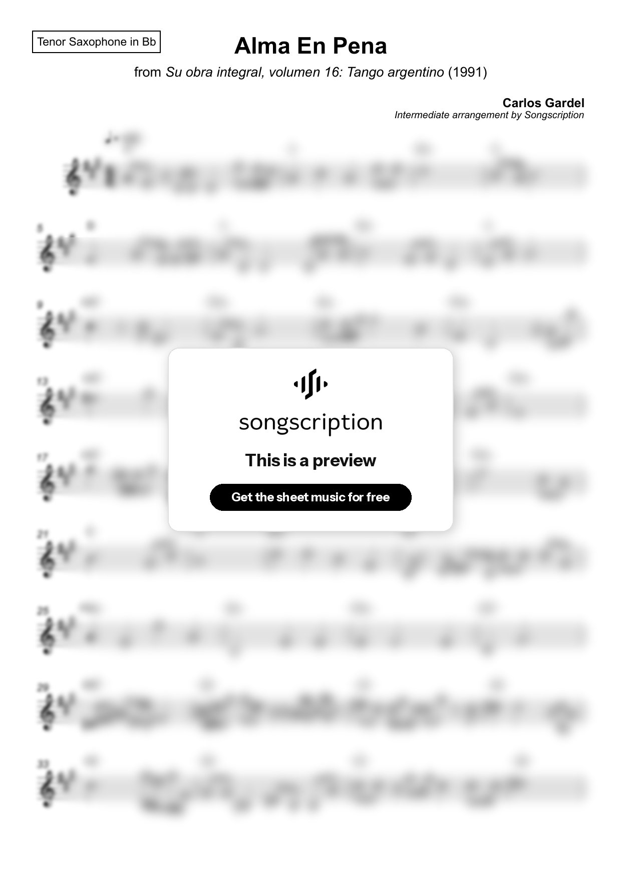 Intermediate Tenor Sax Sheet Music for "Alma En Pena" by Carlos Gardel
