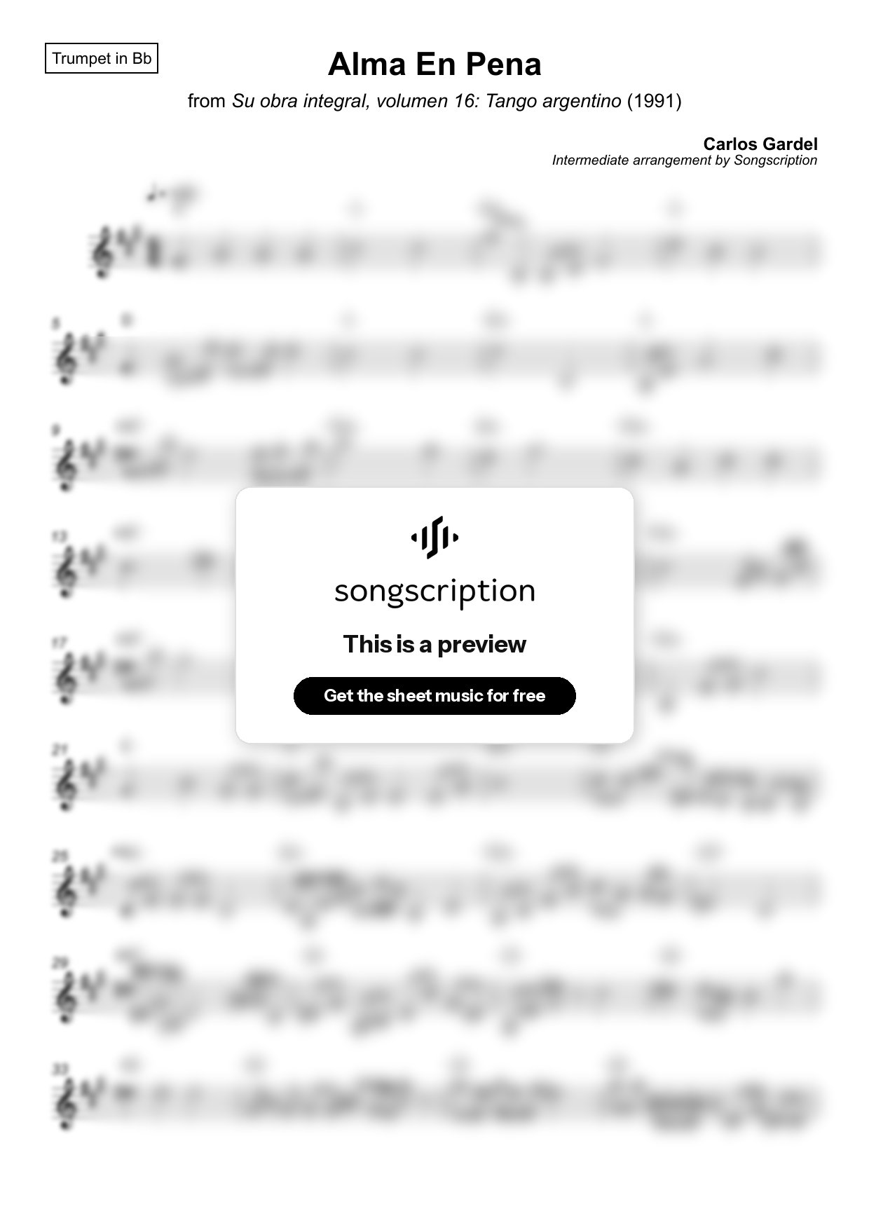 Intermediate Trumpet Sheet Music for "Alma En Pena" by Carlos Gardel