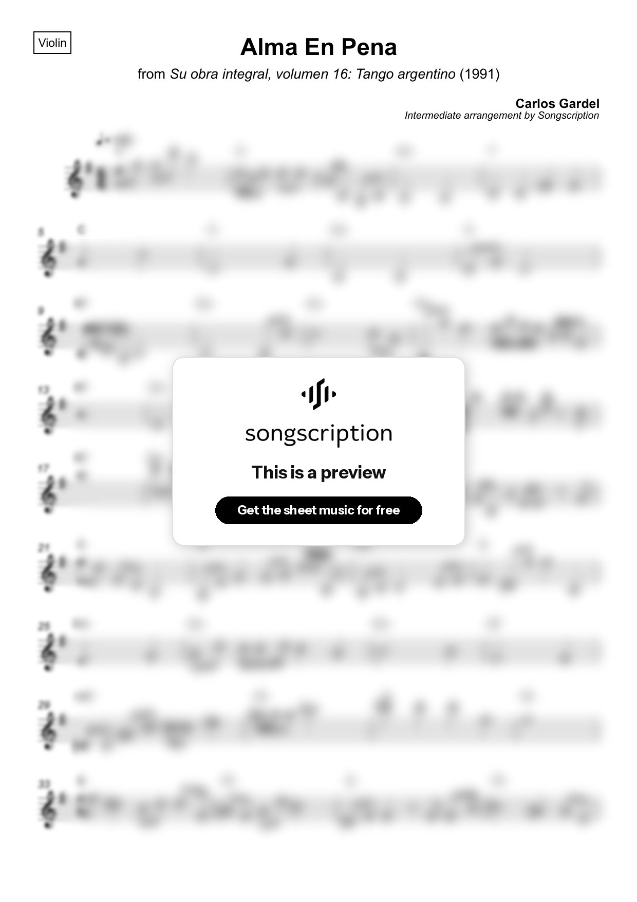 Intermediate Violin Sheet Music for "Alma En Pena" by Carlos Gardel