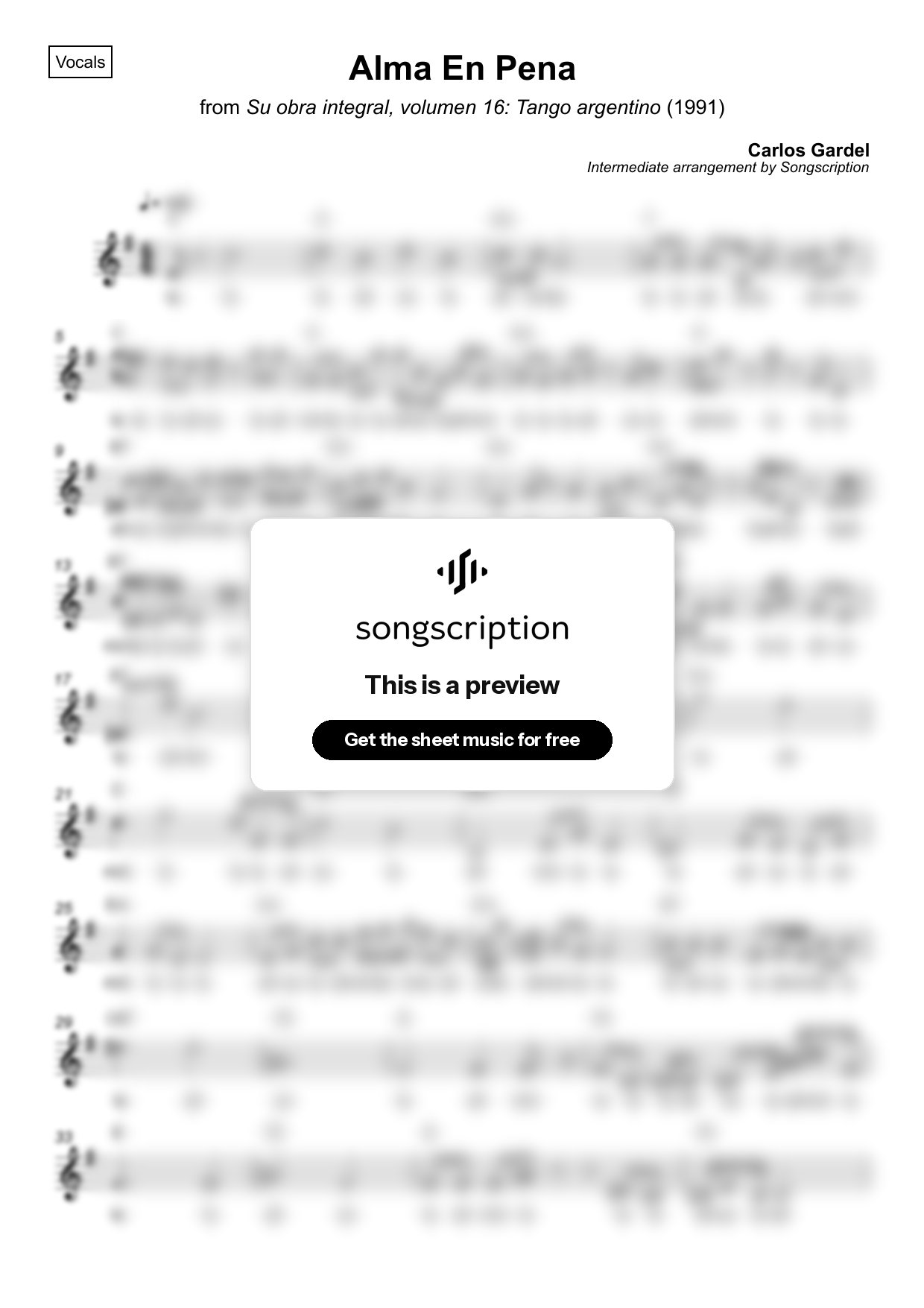 Intermediate Vocals Sheet Music for "Alma En Pena" by Carlos Gardel