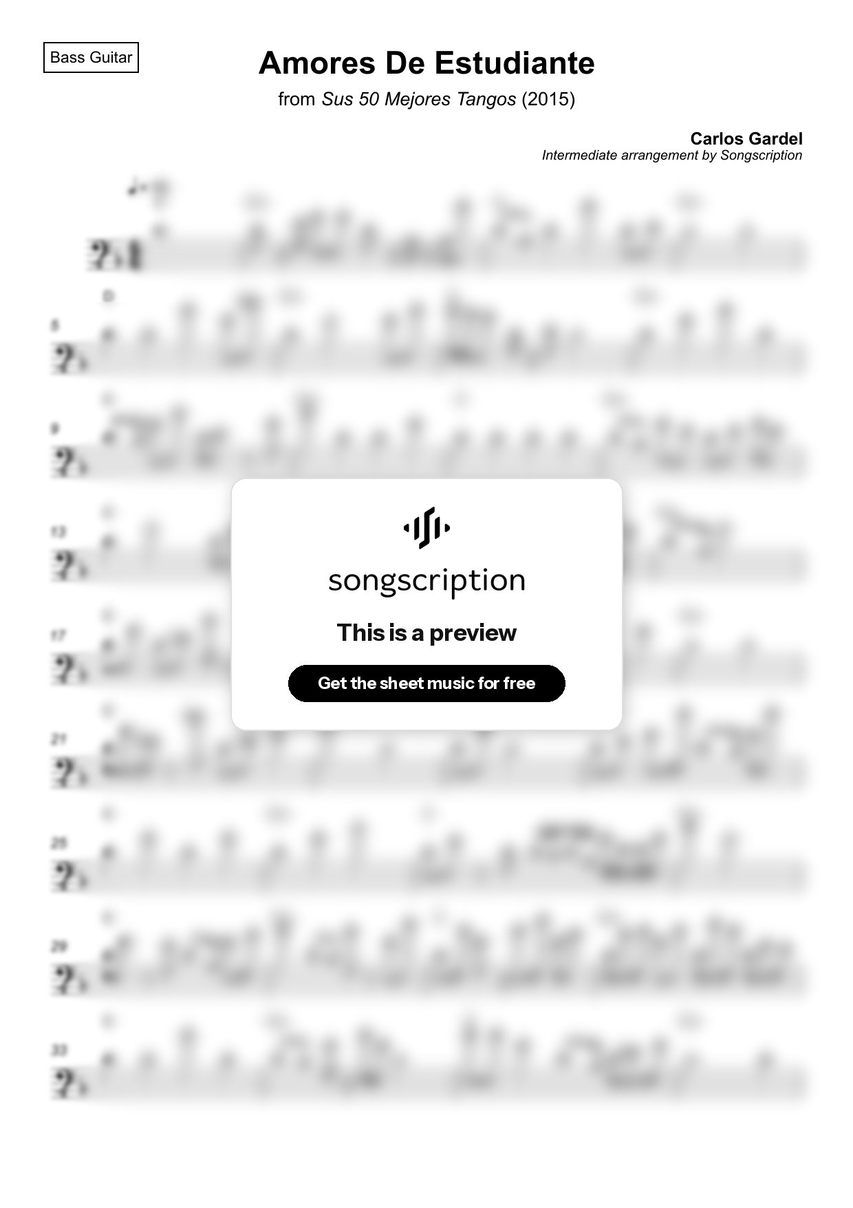 Intermediate Bass Guitar Sheet Music for "Amores De Estudiante" by Carlos Gardel