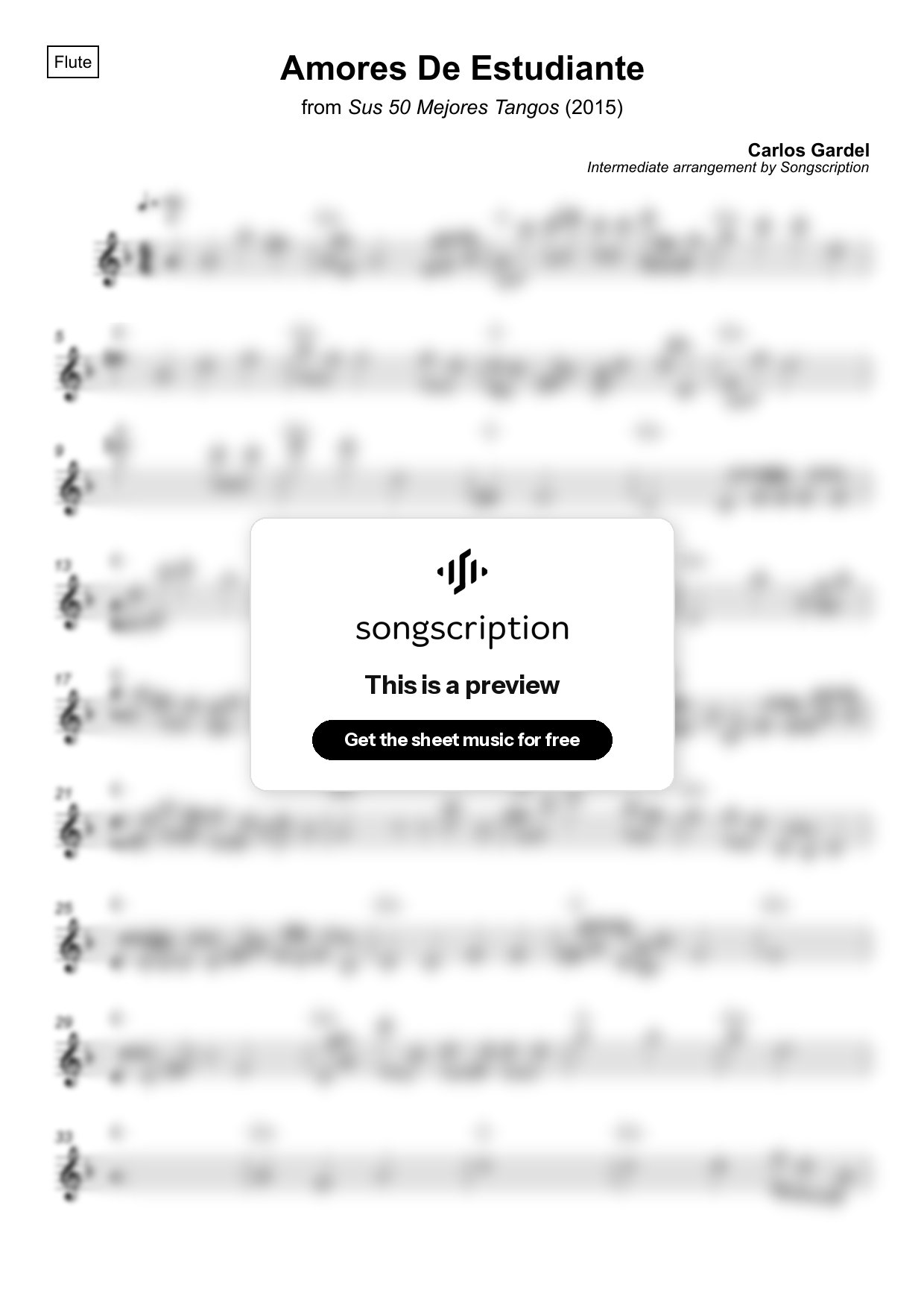 Intermediate Flute Sheet Music for "Amores De Estudiante" by Carlos Gardel