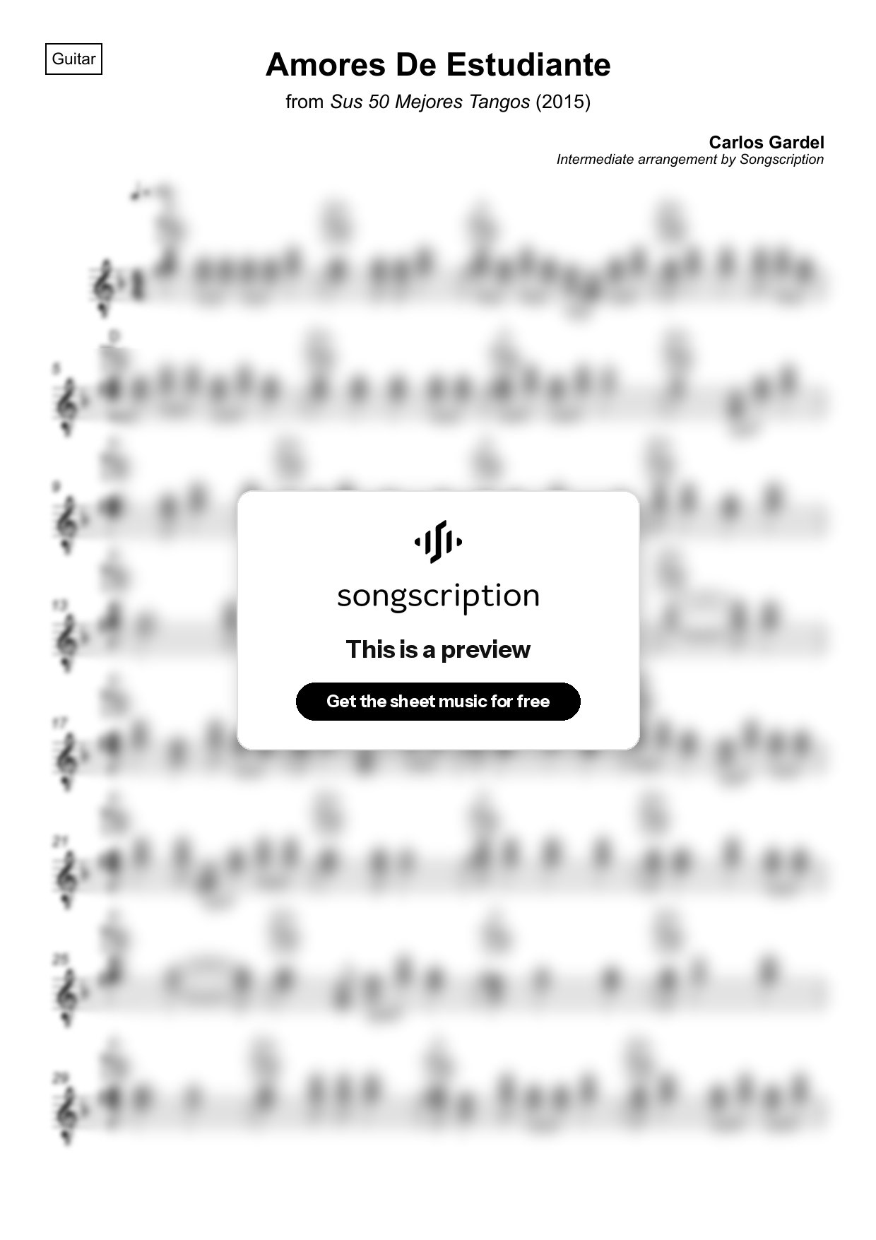 Intermediate Acoustic Guitar Sheet Music for "Amores De Estudiante" by Carlos Gardel