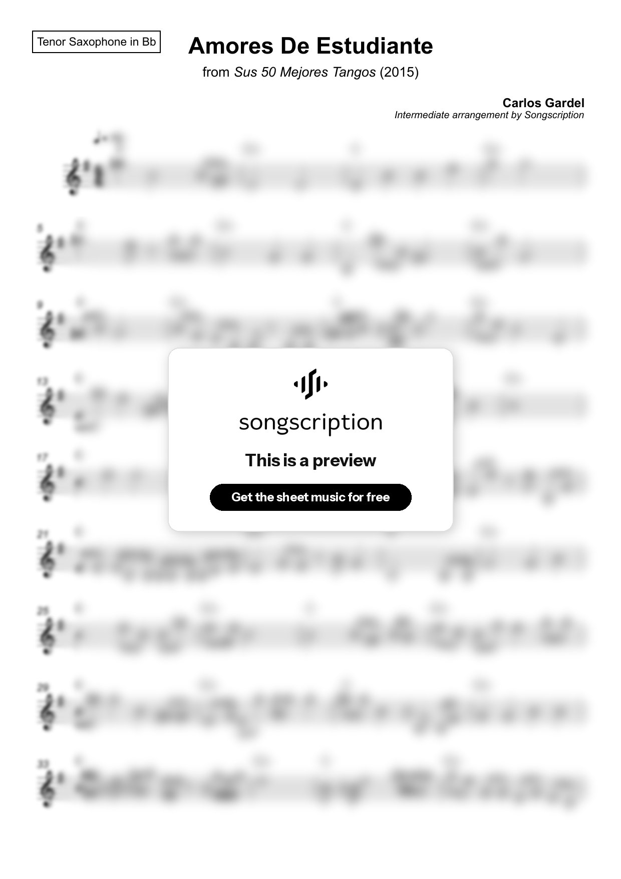 Intermediate Tenor Sax Sheet Music for "Amores De Estudiante" by Carlos Gardel