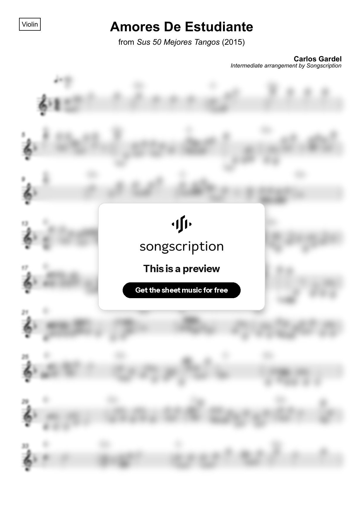 Intermediate Violin Sheet Music for "Amores De Estudiante" by Carlos Gardel