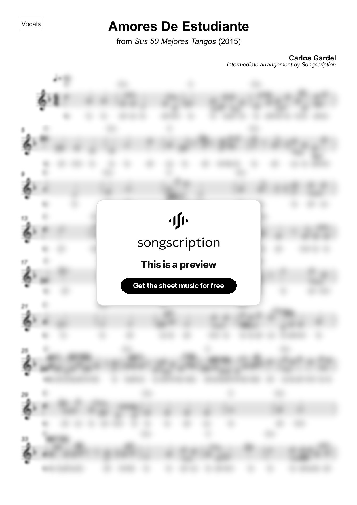 Intermediate Vocals Sheet Music for "Amores De Estudiante" by Carlos Gardel