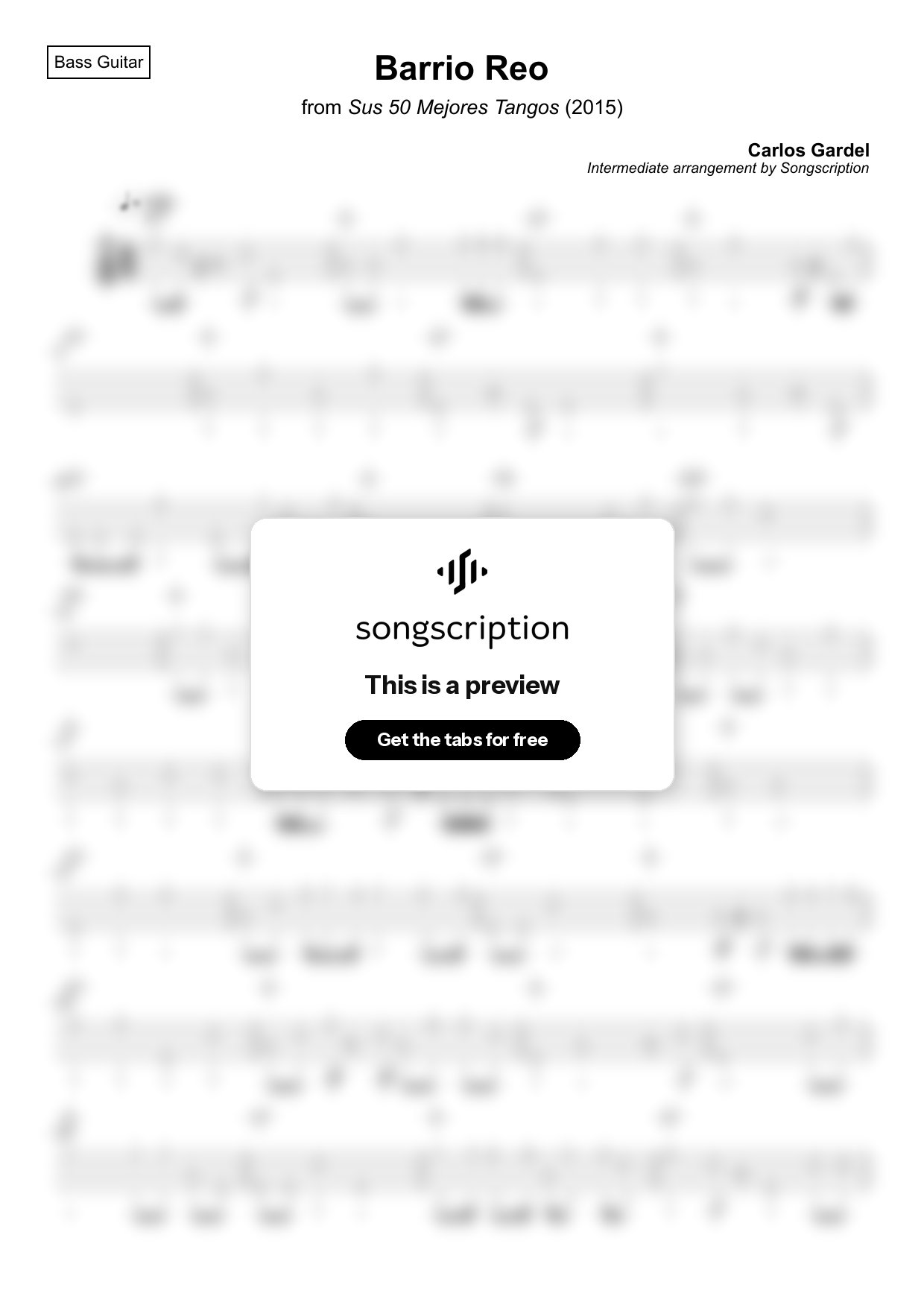 Intermediate Bass Guitar Tabs for "Barrio Reo" by Carlos Gardel