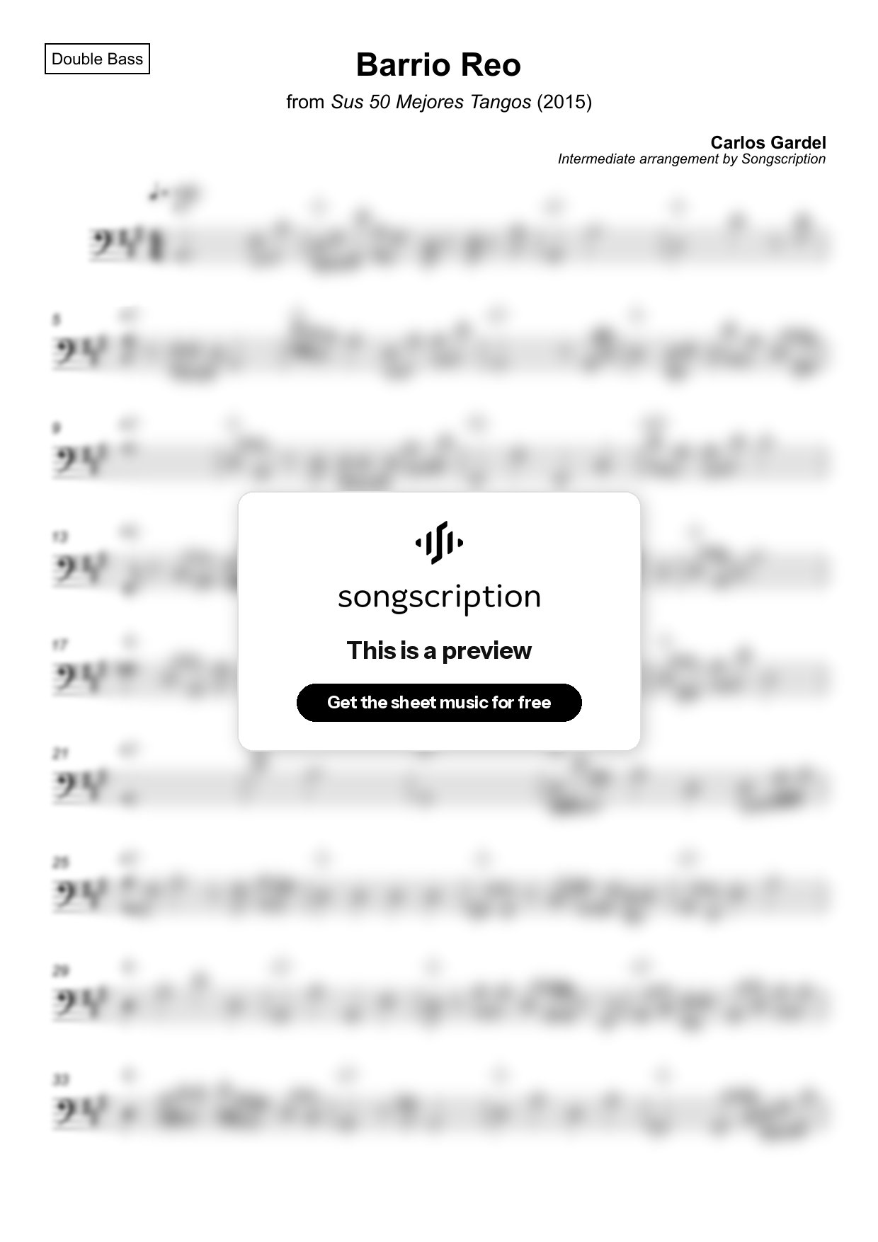 Intermediate Double Bass Sheet Music for "Barrio Reo" by Carlos Gardel