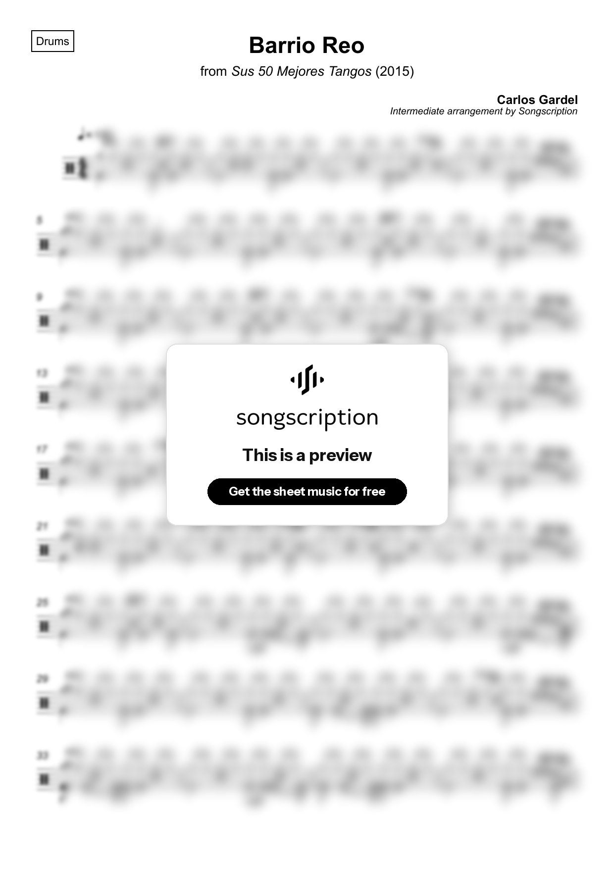 Intermediate Drums Sheet Music for "Barrio Reo" by Carlos Gardel