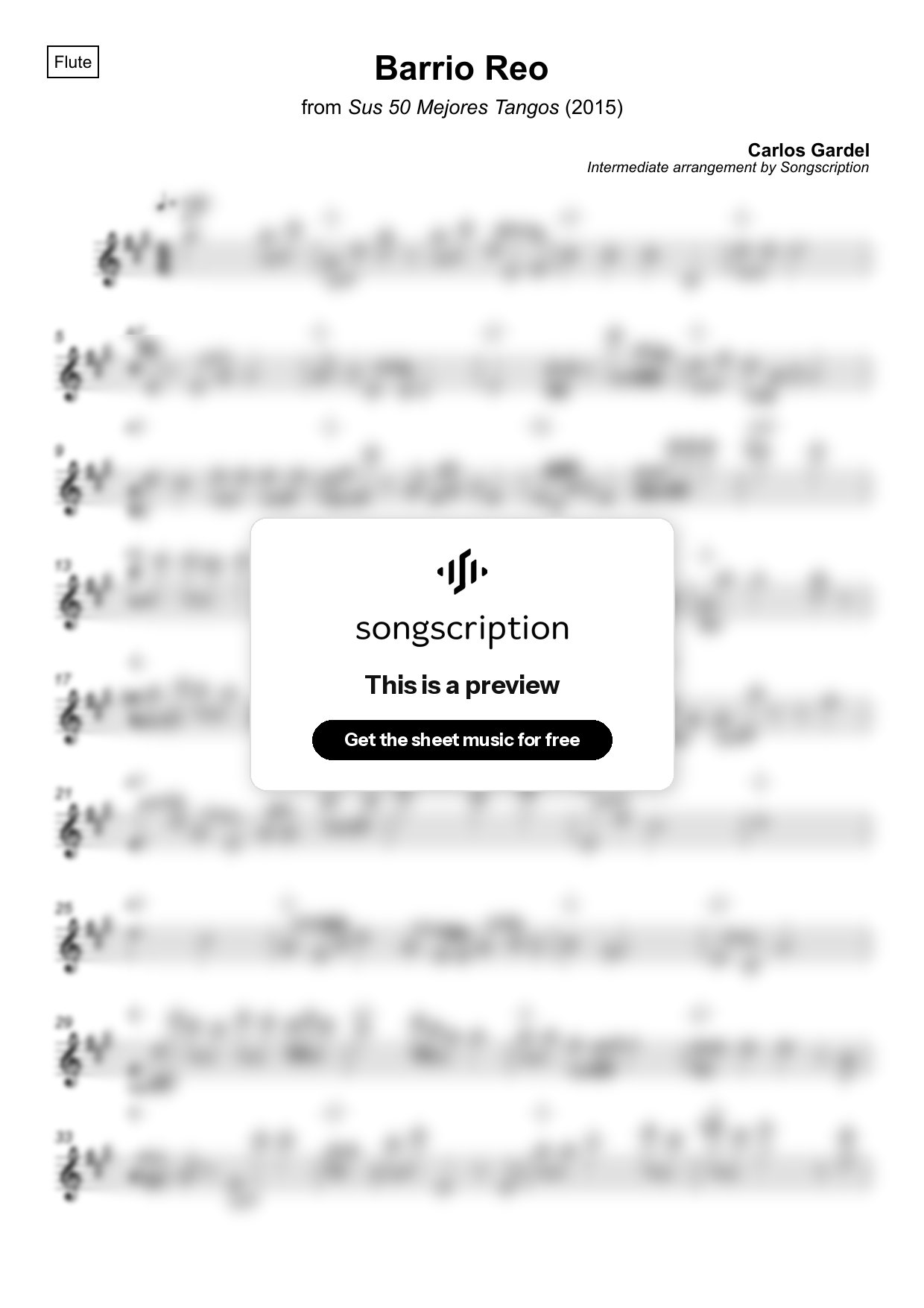 Intermediate Flute Sheet Music for "Barrio Reo" by Carlos Gardel