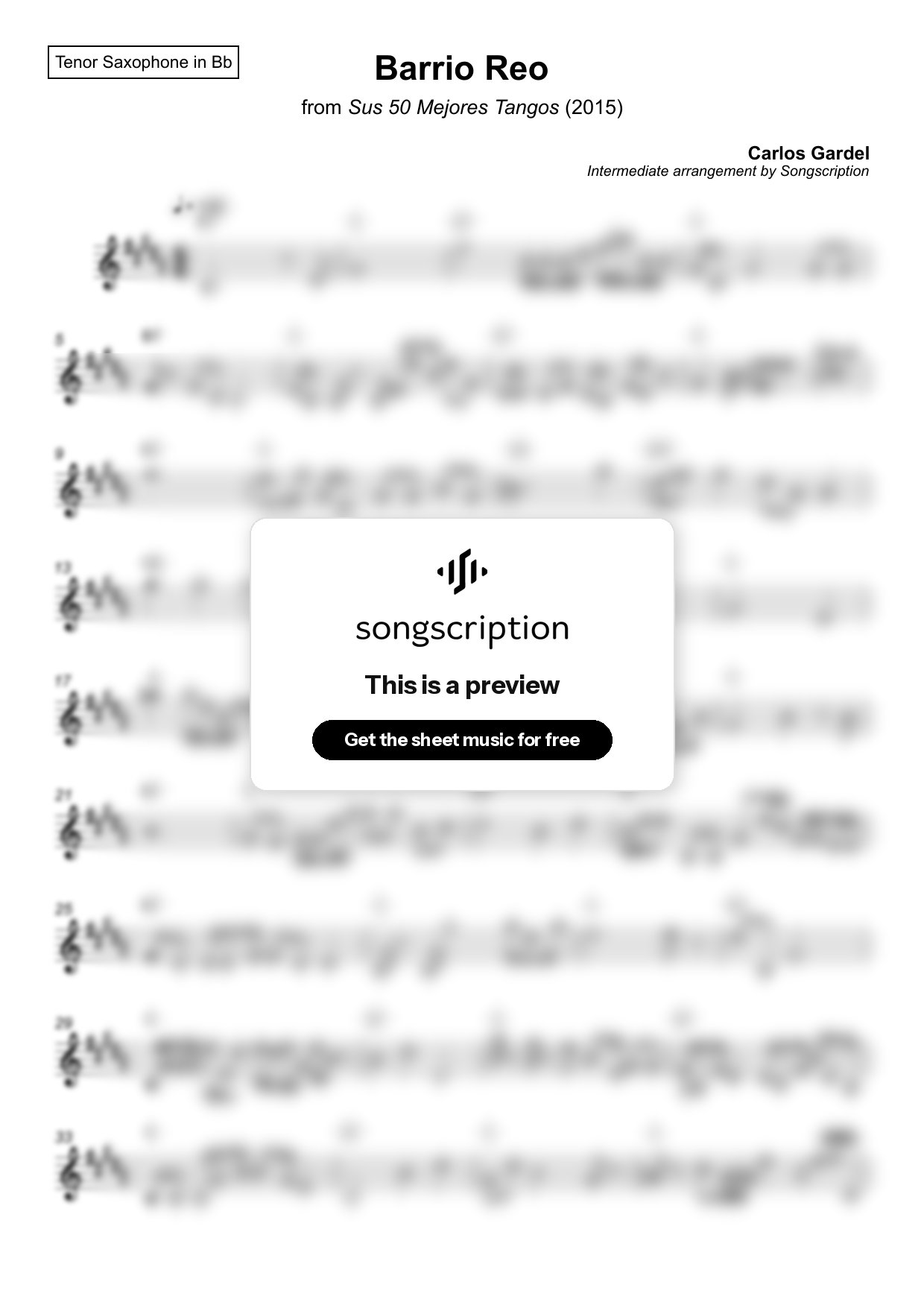 Intermediate Tenor Sax Sheet Music for "Barrio Reo" by Carlos Gardel