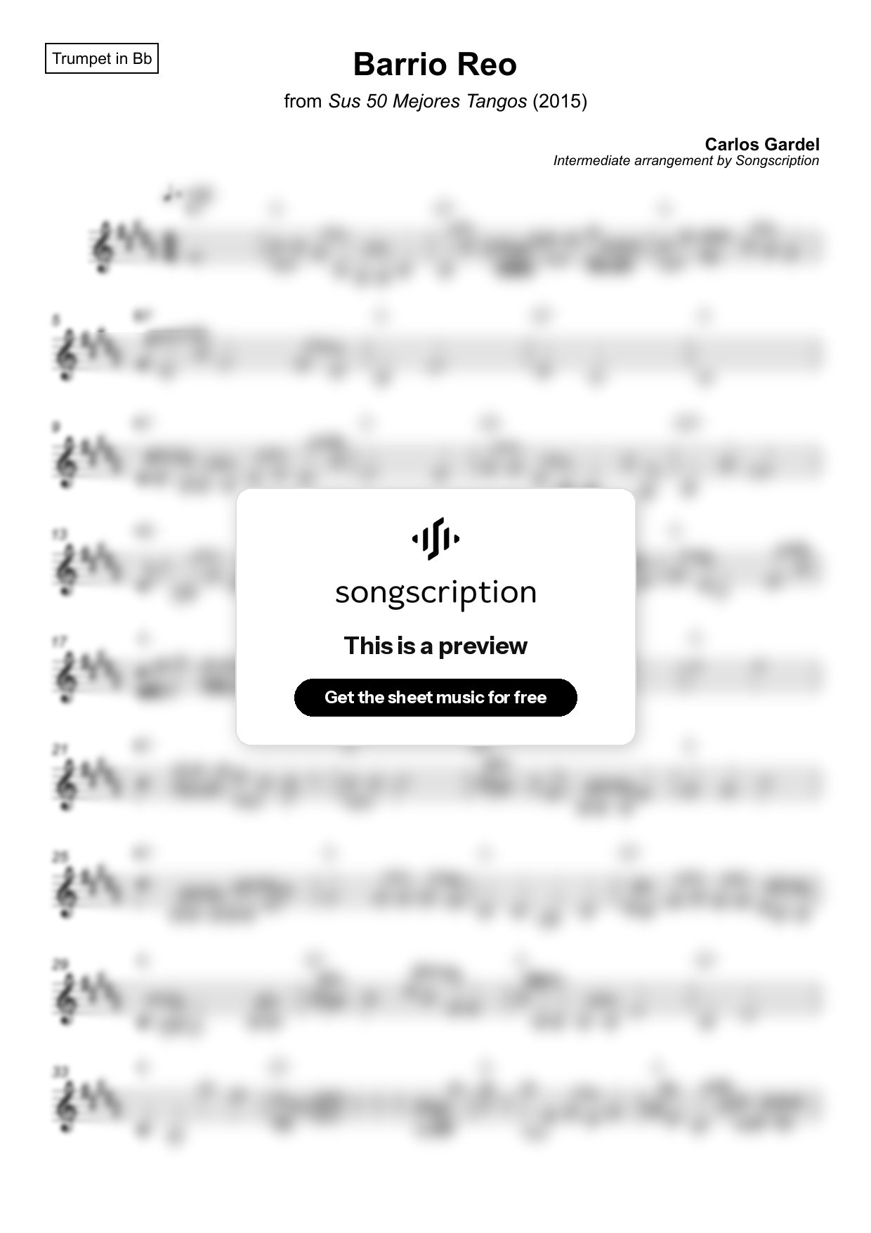 Intermediate Trumpet Sheet Music for "Barrio Reo" by Carlos Gardel