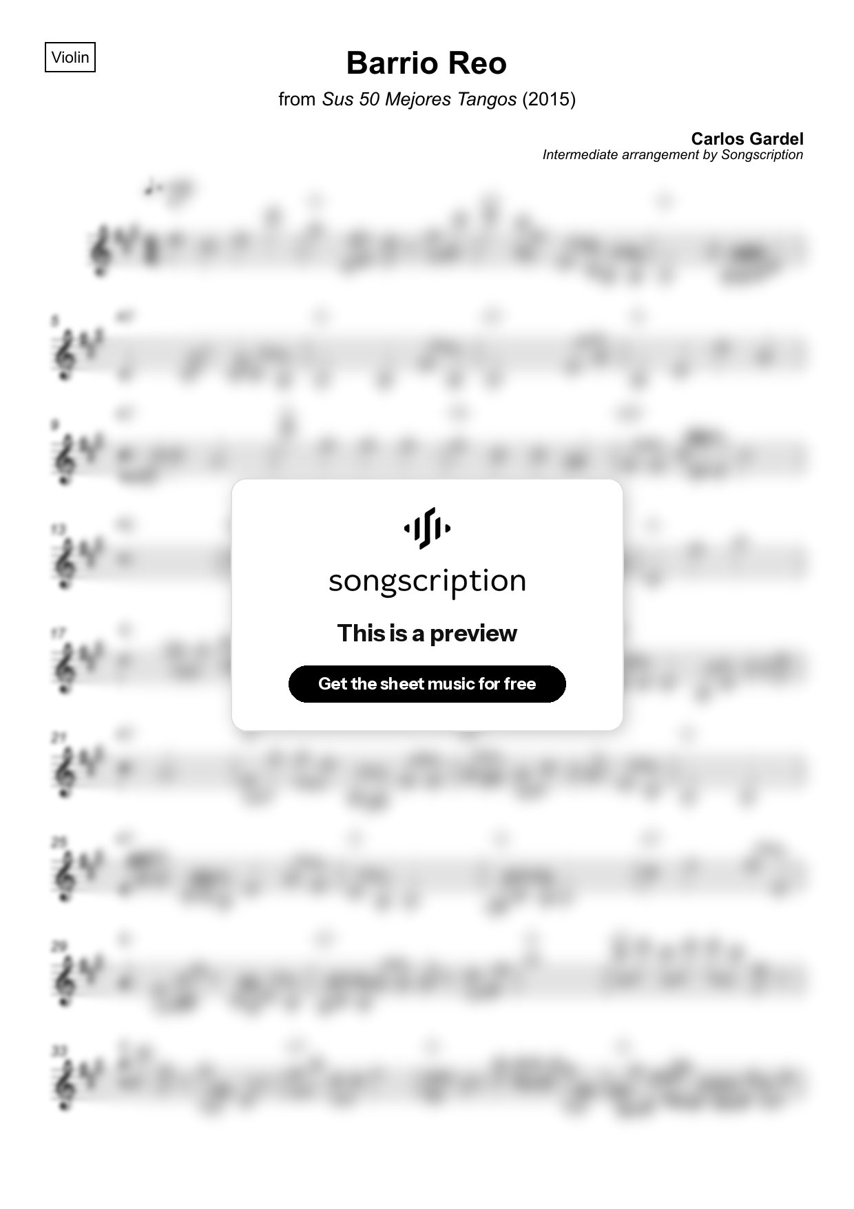 Intermediate Violin Sheet Music for "Barrio Reo" by Carlos Gardel