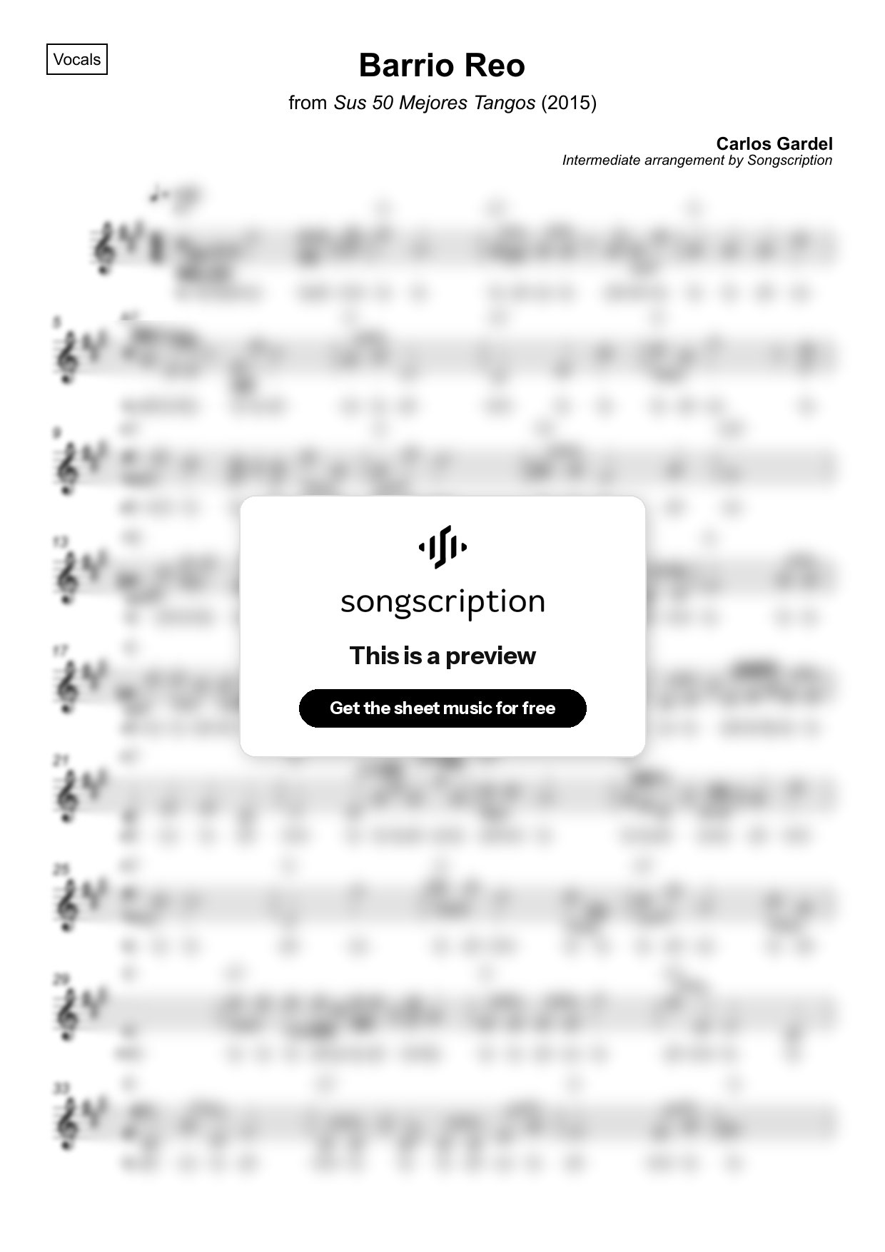 Intermediate Vocals Sheet Music for "Barrio Reo" by Carlos Gardel