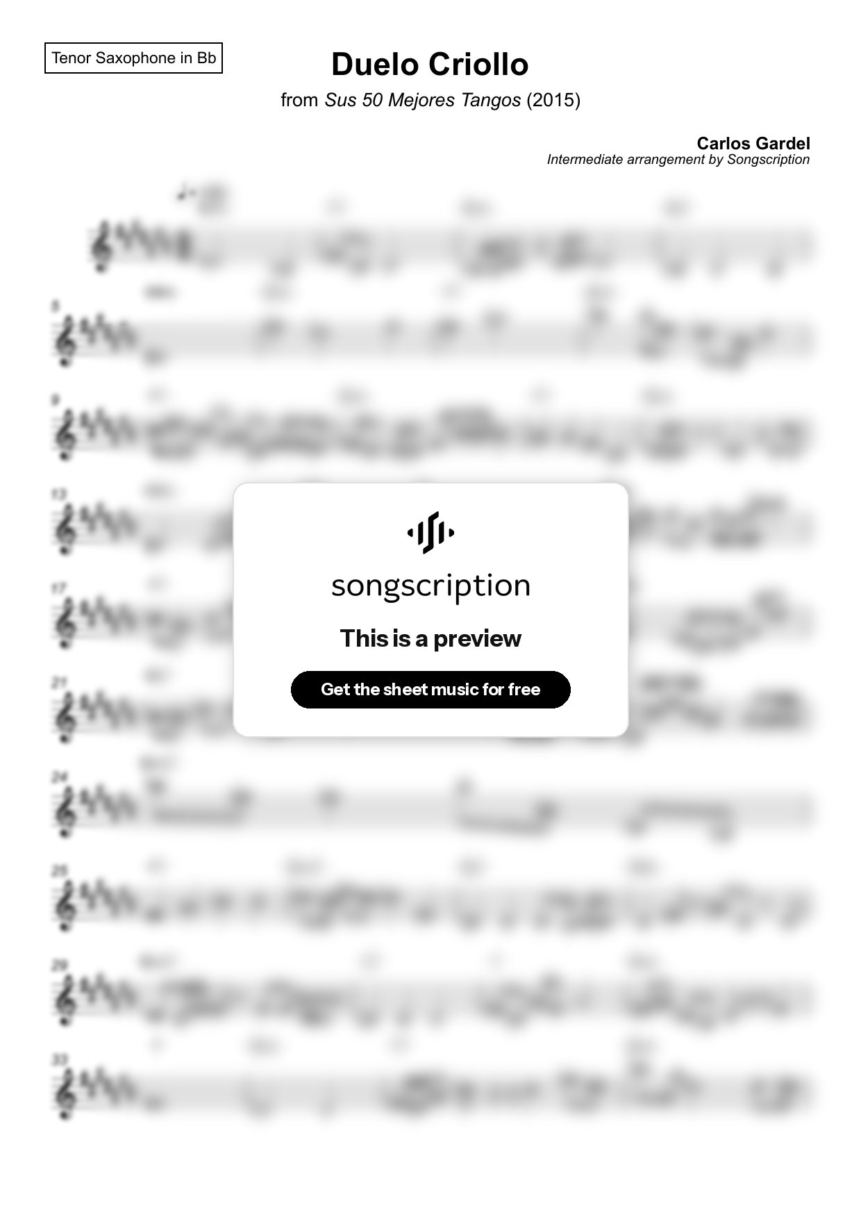 Intermediate Tenor Sax Sheet Music for "Duelo Criollo" by Carlos Gardel