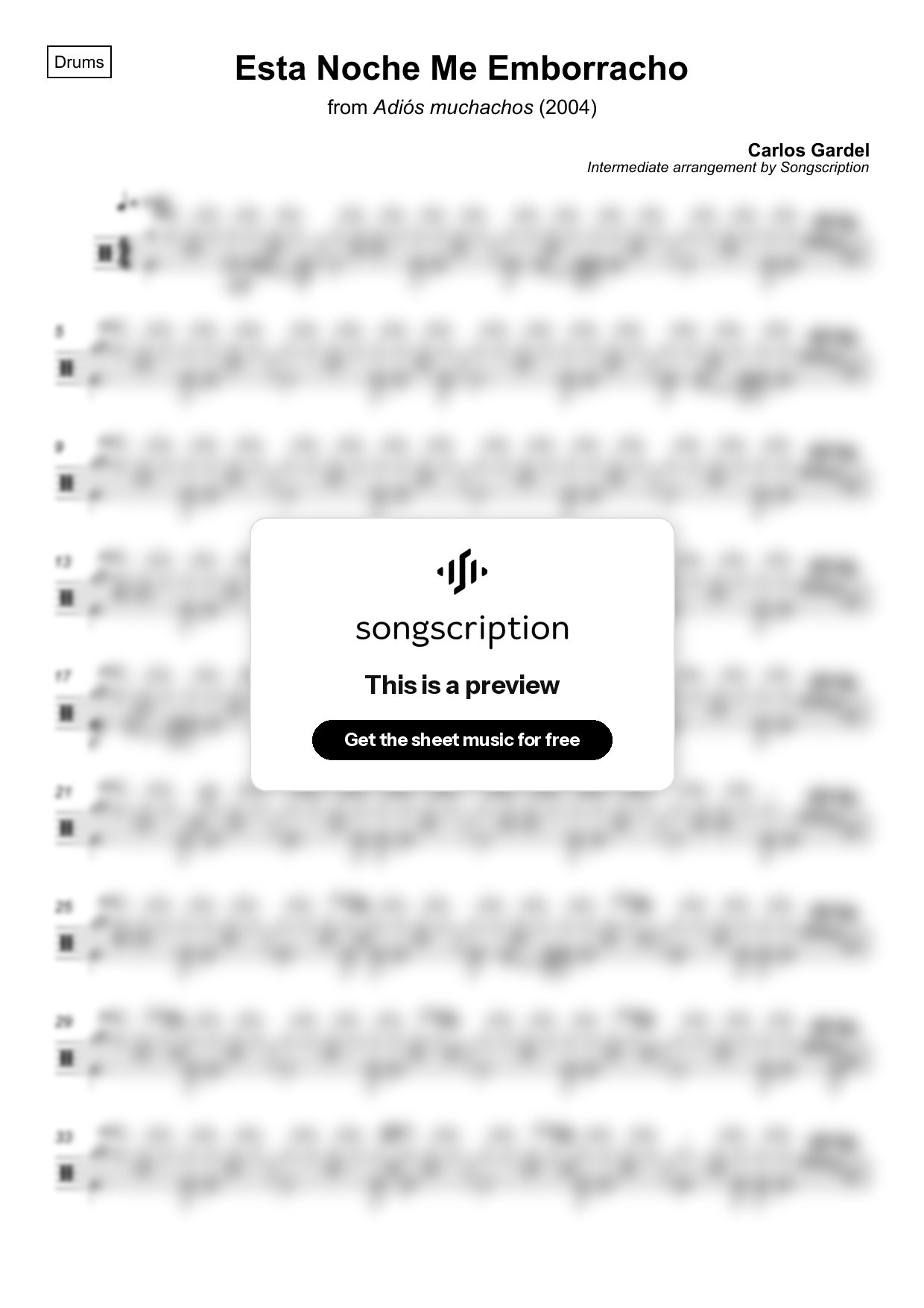 Intermediate Drums Sheet Music for "Esta Noche Me Emborracho" by Carlos Gardel