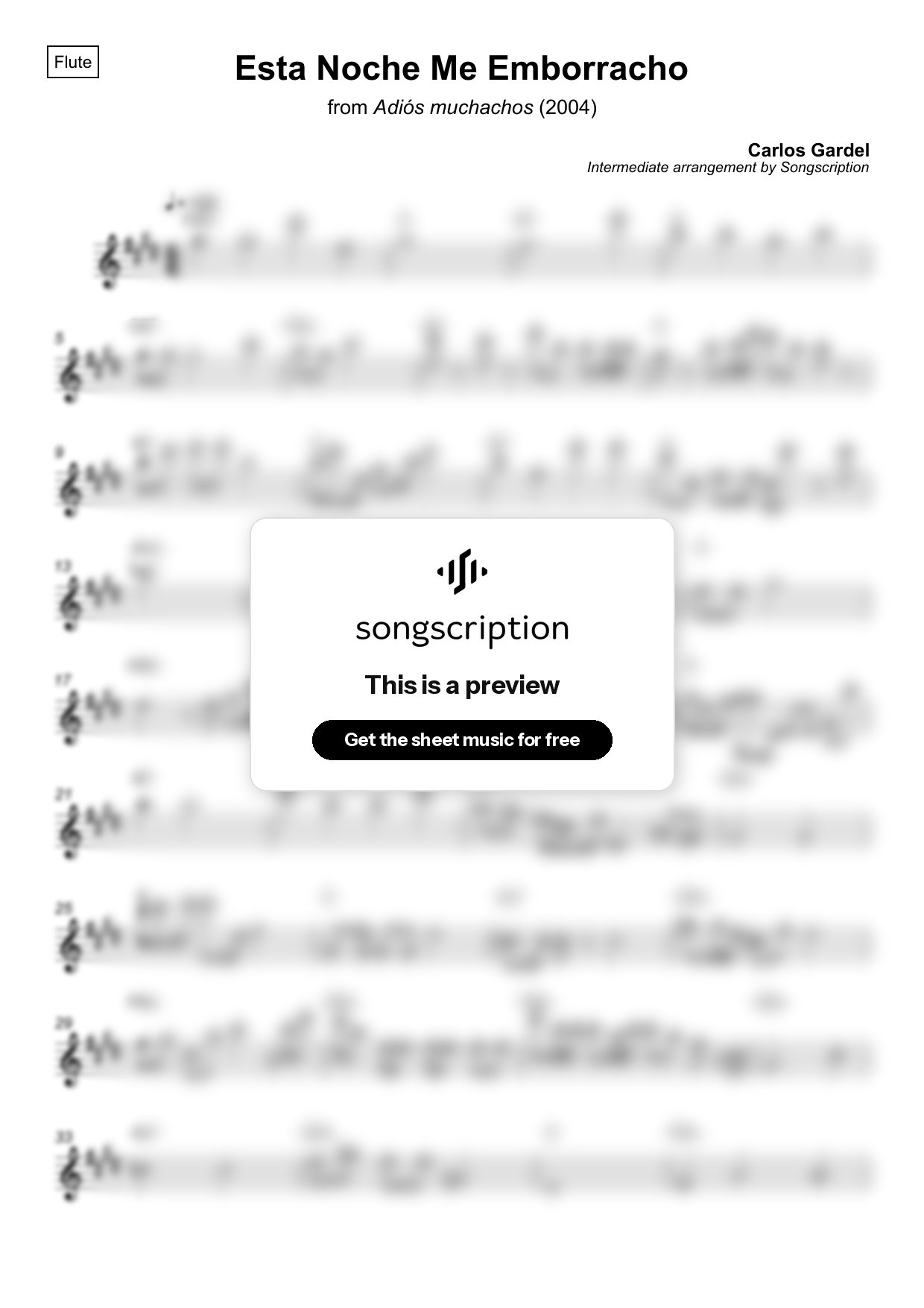 Intermediate Flute Sheet Music for "Esta Noche Me Emborracho" by Carlos Gardel